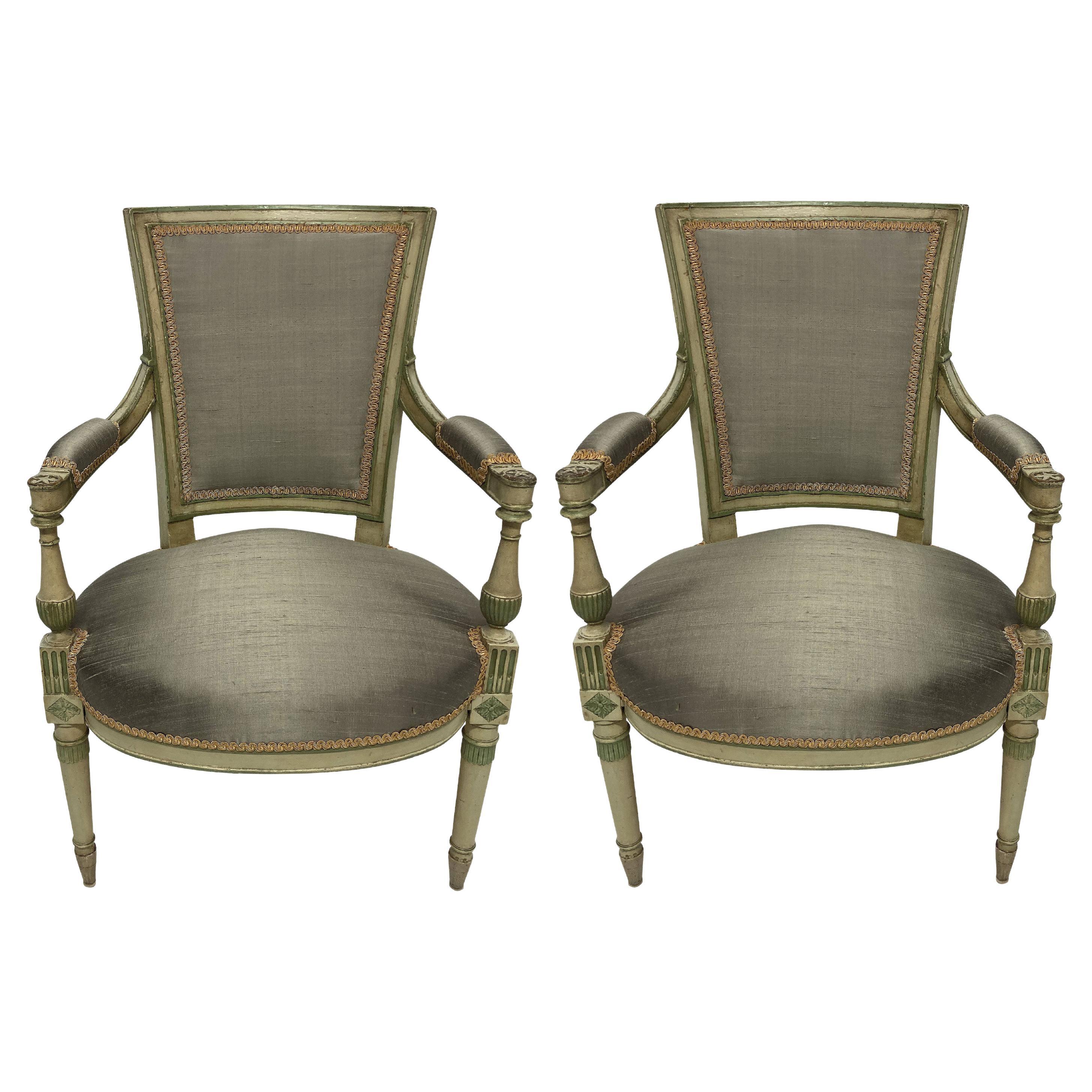 Pair of French Directoire Style Painted Armchairs For Sale