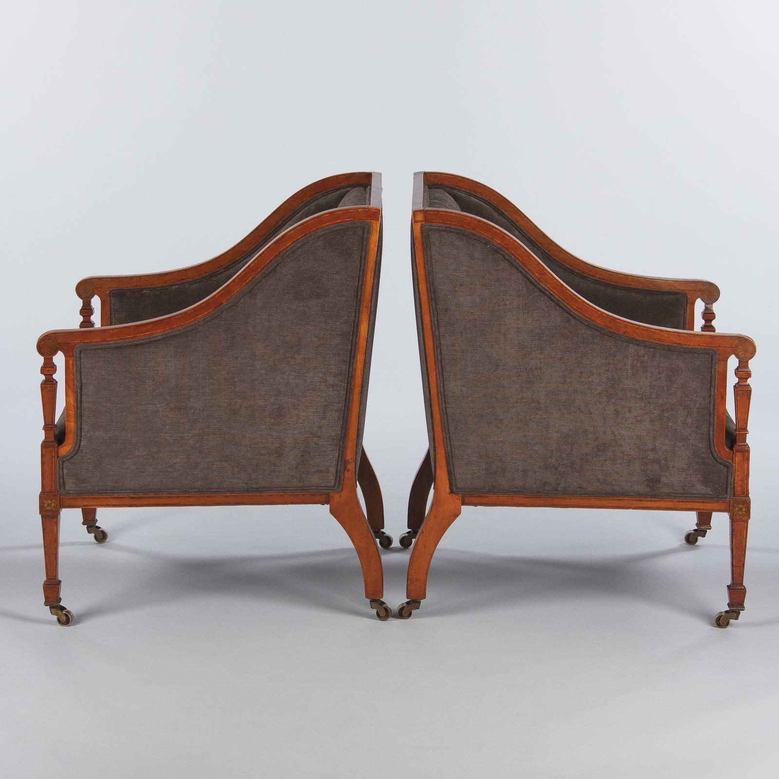 19th Century Pair of French Directoire Style Upholstered Armchairs in Mahogany, Late 1800s