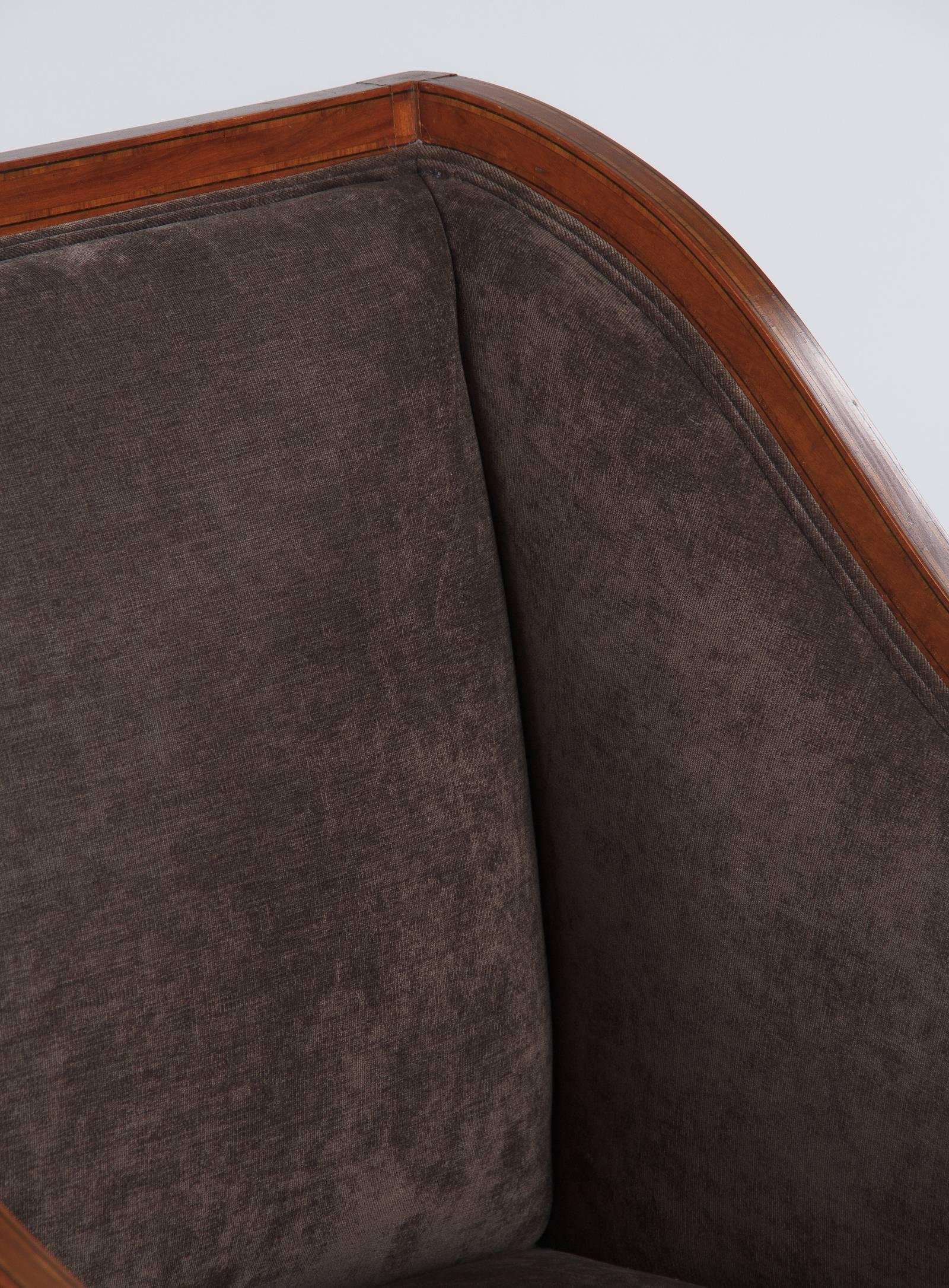 Fabric Pair of French Directoire Style Upholstered Armchairs in Mahogany, Late 1800s