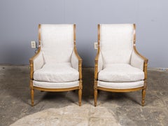 Pair of French Directoire Style Walnut Bergères Chairs, 19th Century