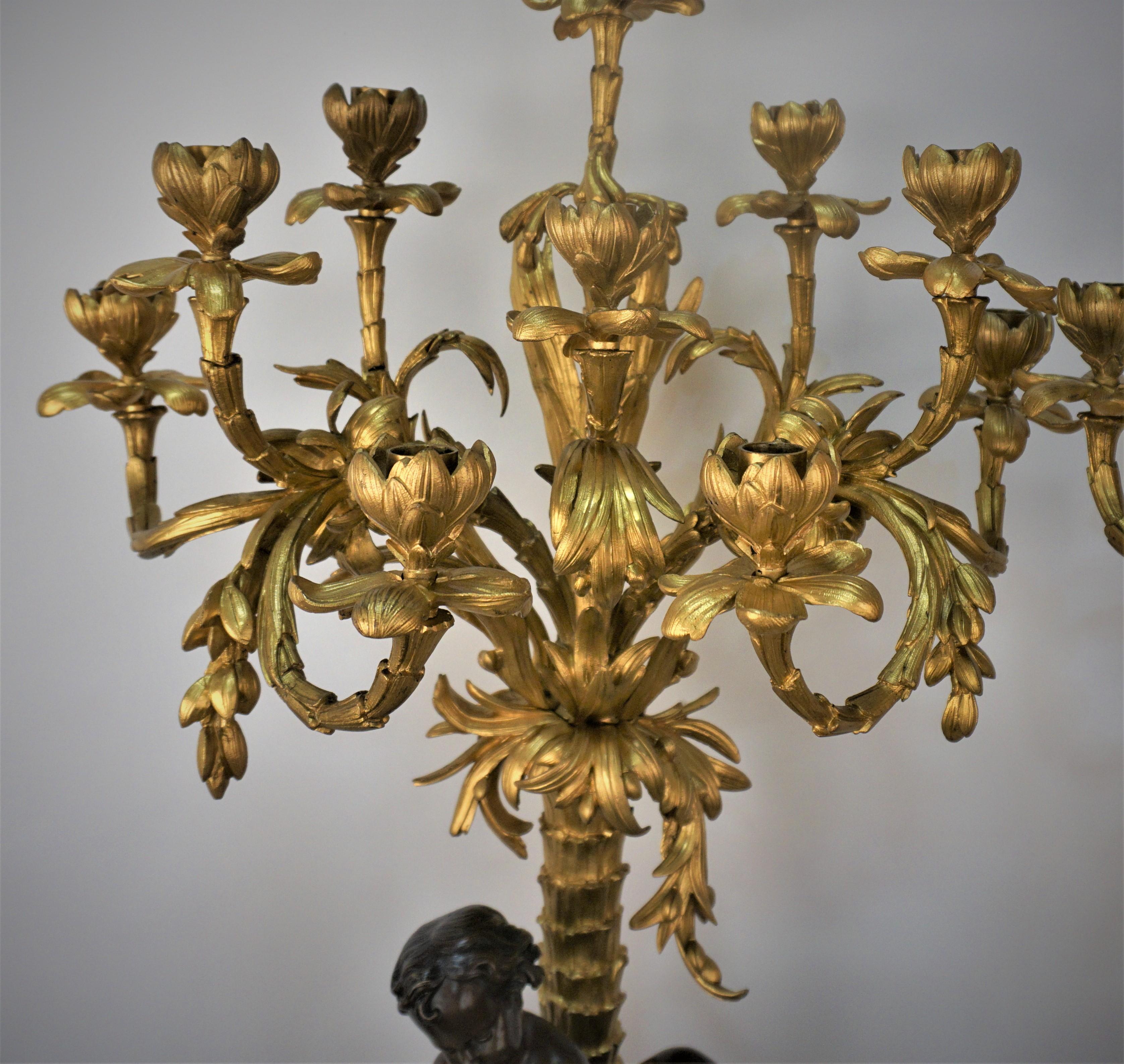 Bronze Pair of French Dore and patinated bronze Candelabra by Henri Picard