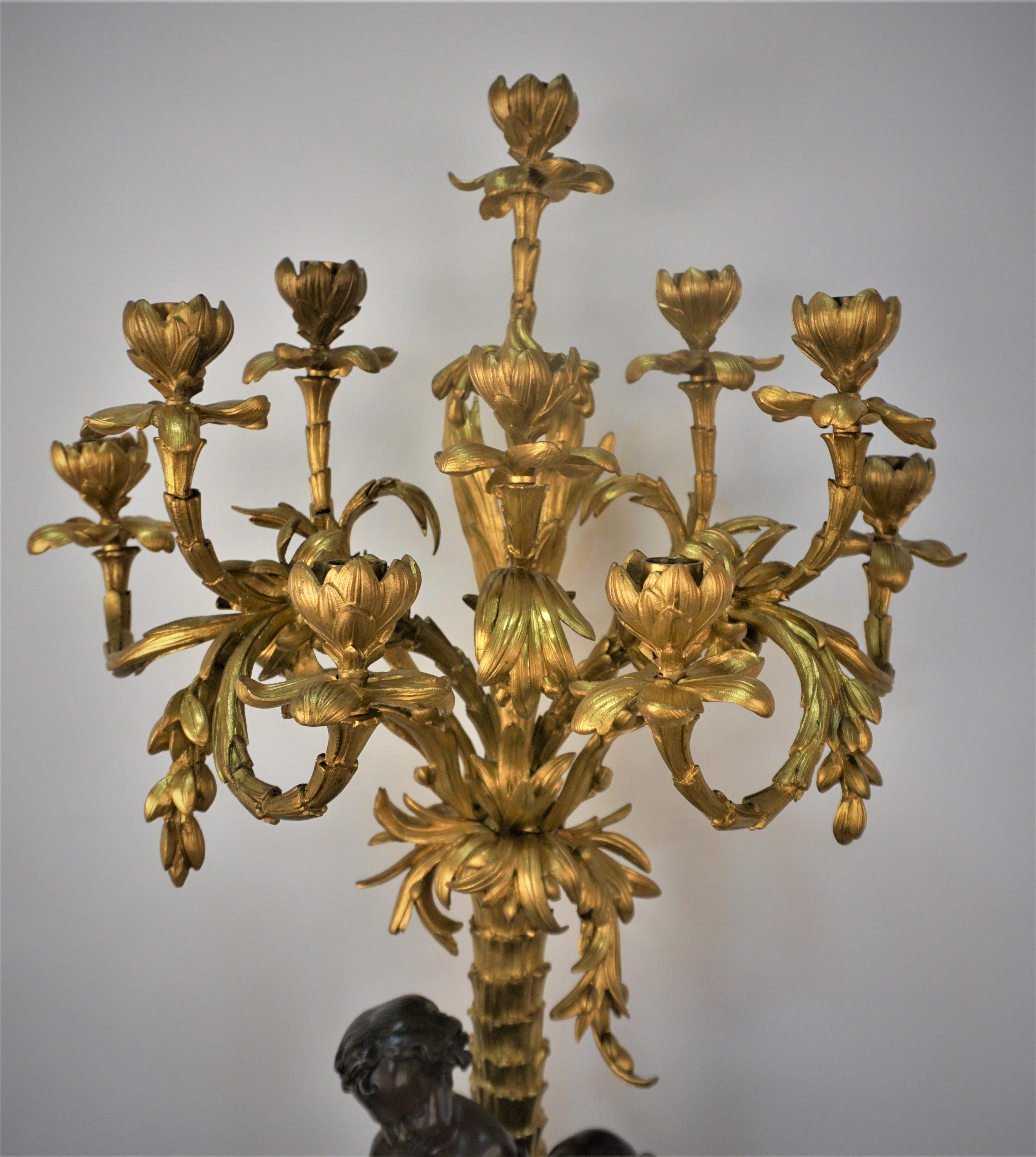 Pair of French Dore and patinated bronze Candelabra by Henri Picard 3