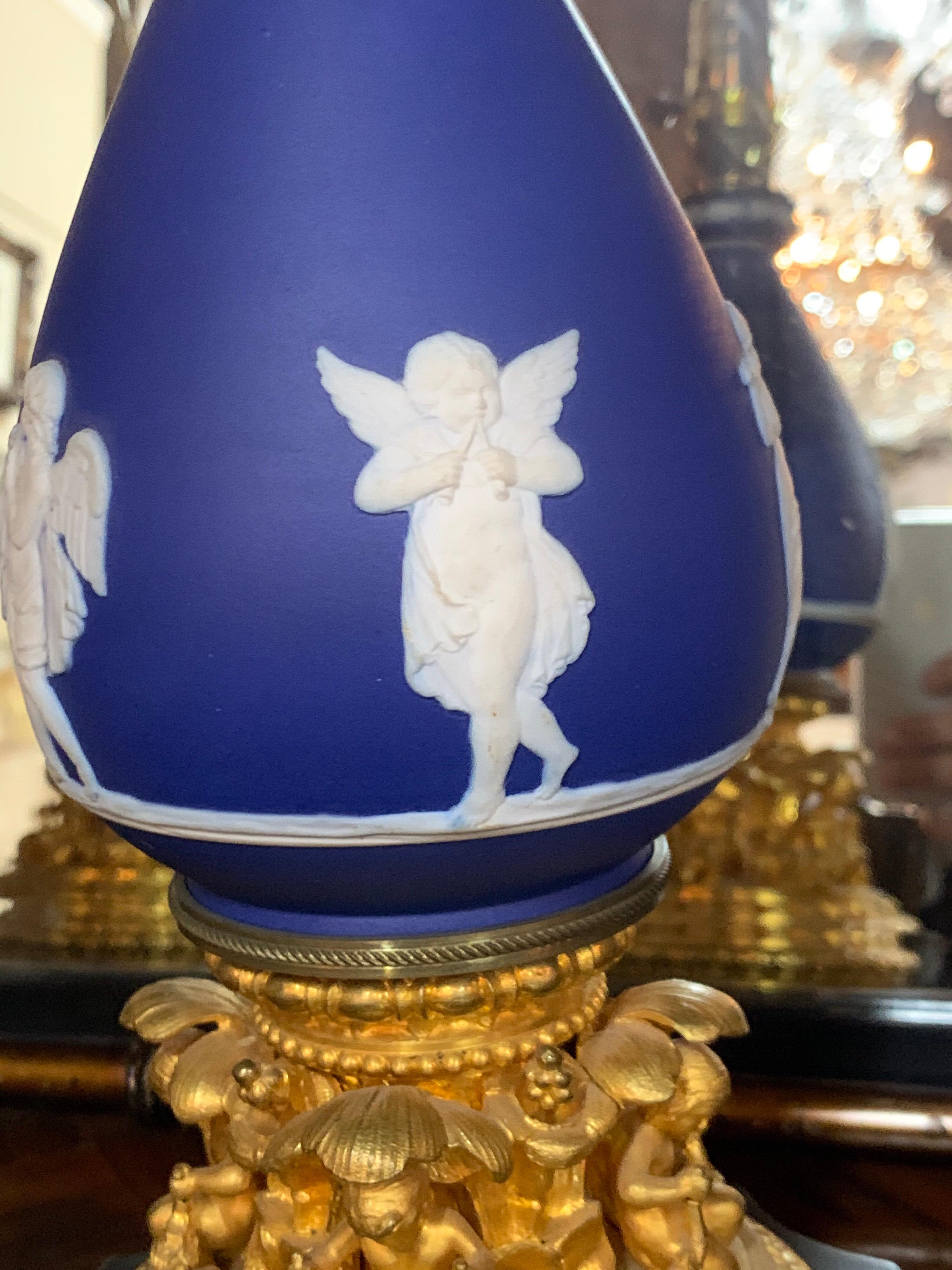 Pair of French Doré Bronze and Wedgewood Cherub Form Lamps 2