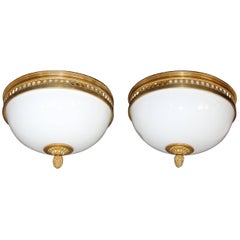 Vintage Pair of French Doré Bronze and White Opaline Glass Flush Mount Ceiling Lights