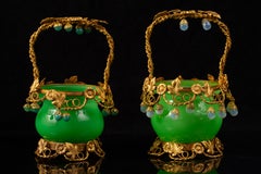 Pair of French Doré Bronze Mounted Green Opaline Baccarat Crystal Baskets