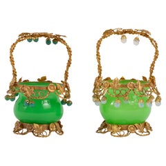 Pair of French Doré Bronze Mounted Green Opaline Baccarat Crystal Baskets