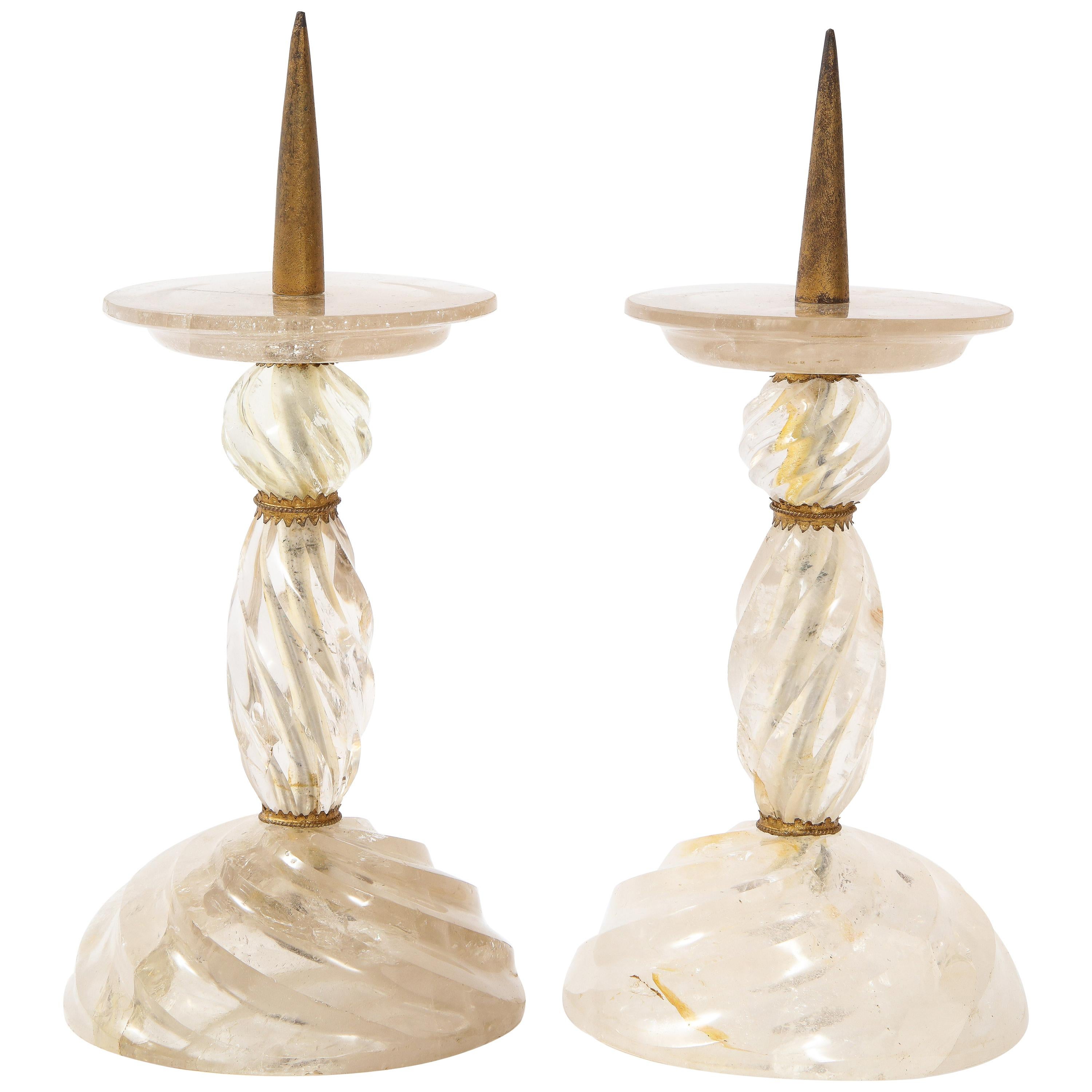 Pair of French Dore Bronze Mounted Rock Crystal Hand Carved Spiked Candlesticks