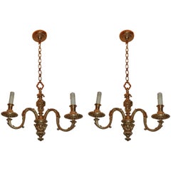 Pair of French Doré Bronze Petite Neoclassical Empire Pendent Chandelier