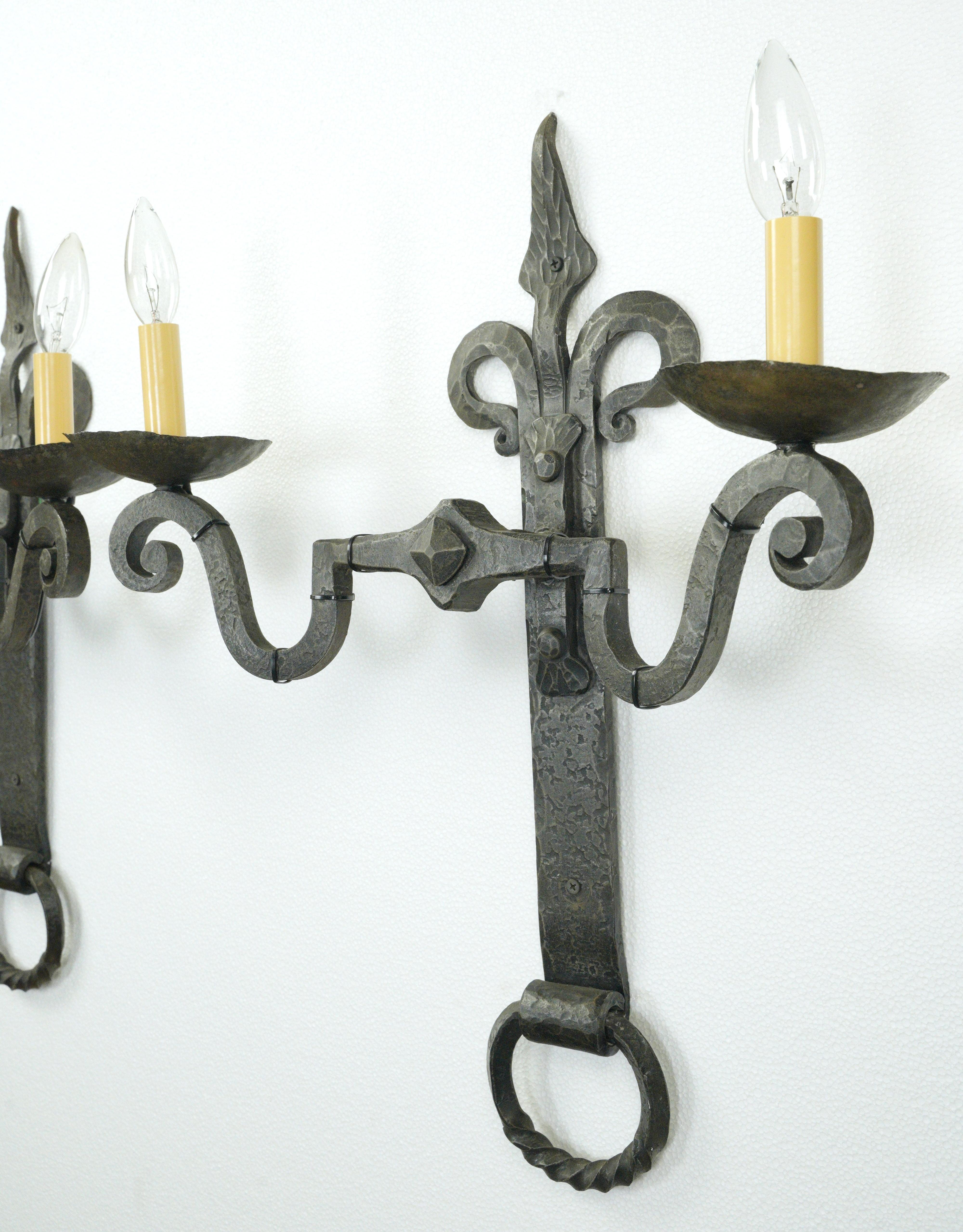 Pair French Double Arm Wrought Iron Sconces Antique European For Sale 4