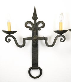 Pair French Double Arm Wrought Iron Sconces Antique European