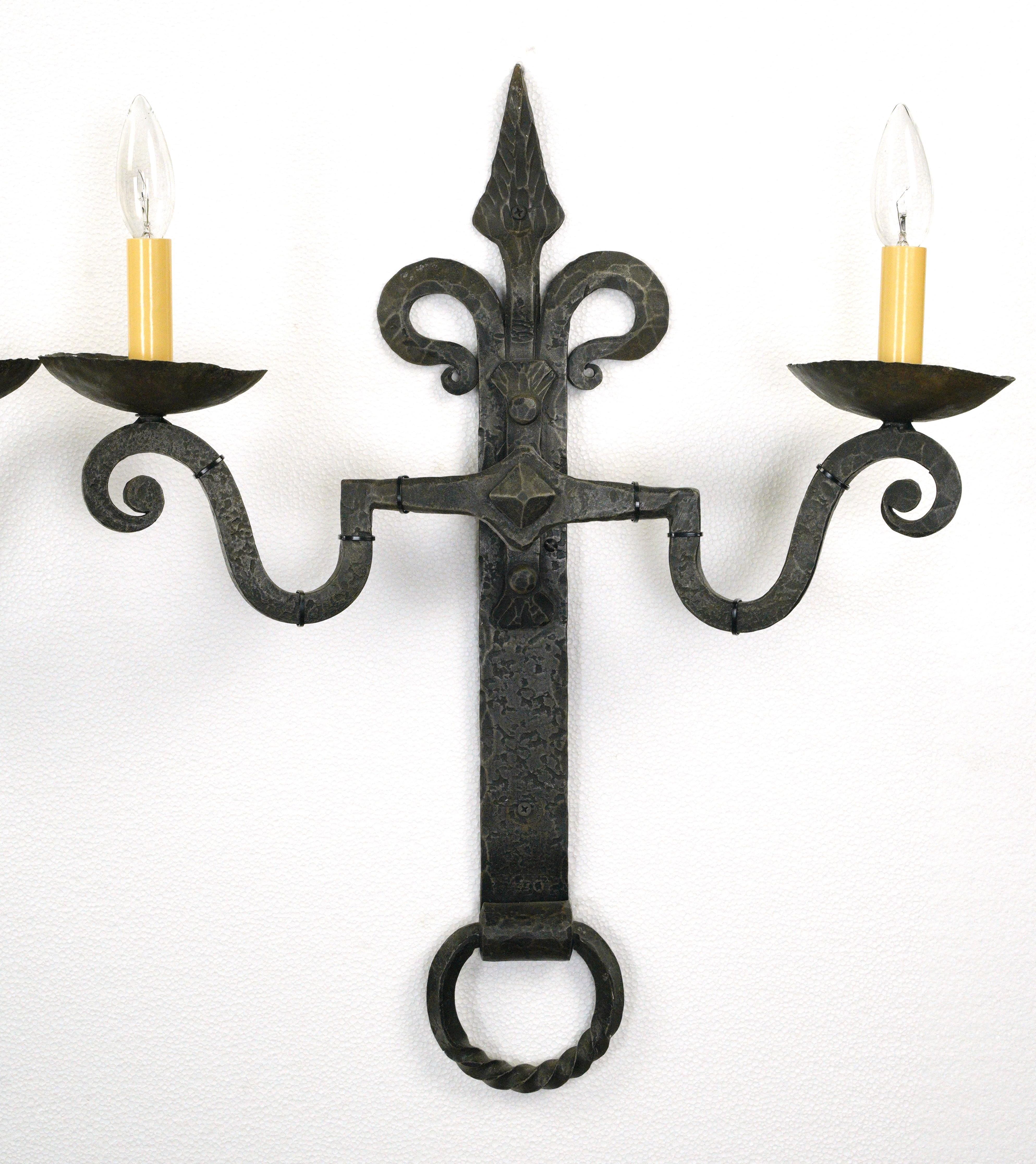 Belgian Pair French Double Arm Wrought Iron Sconces Antique European For Sale