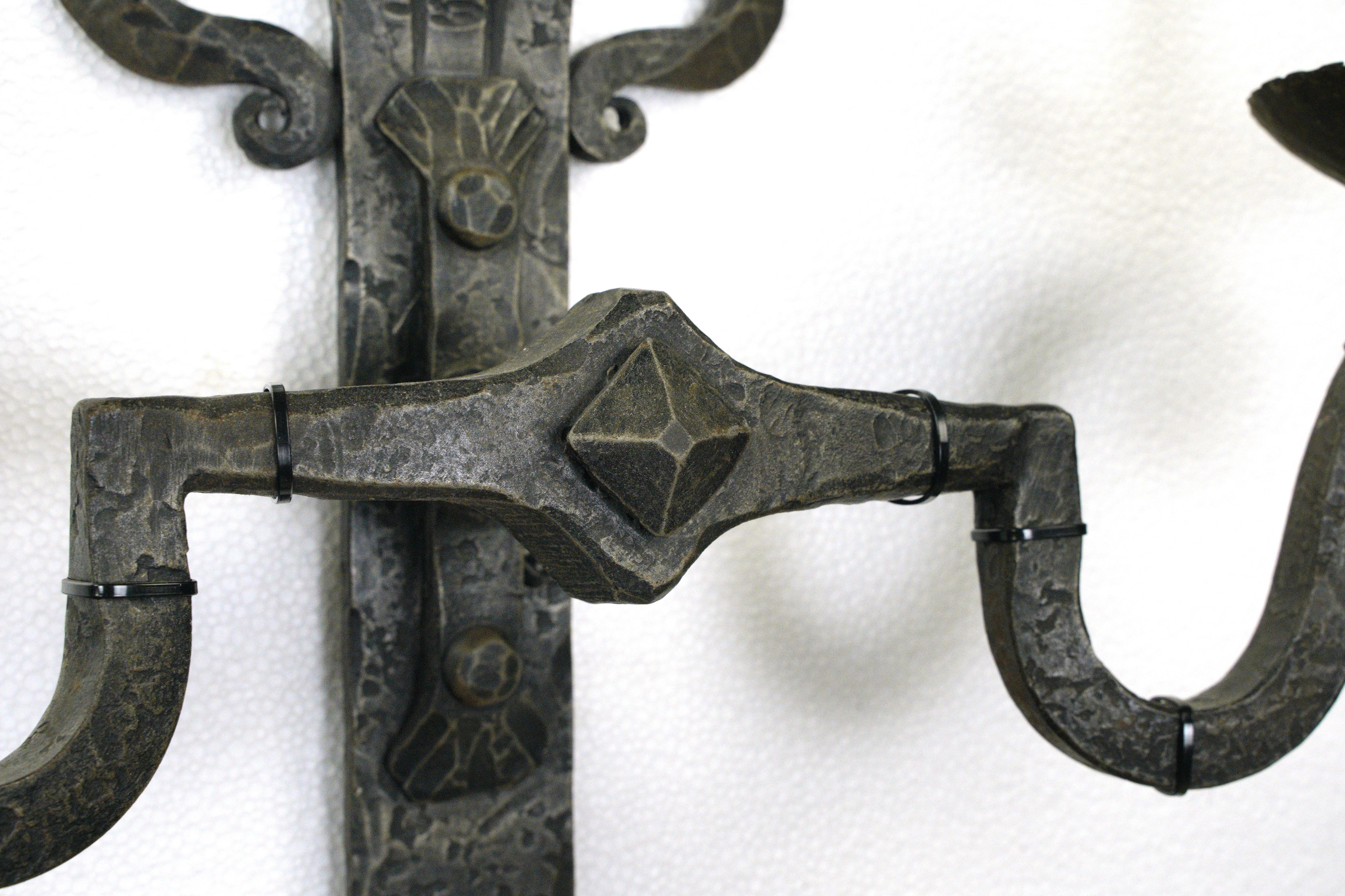 Pair French Double Arm Wrought Iron Sconces Antique European In Good Condition For Sale In New York, NY
