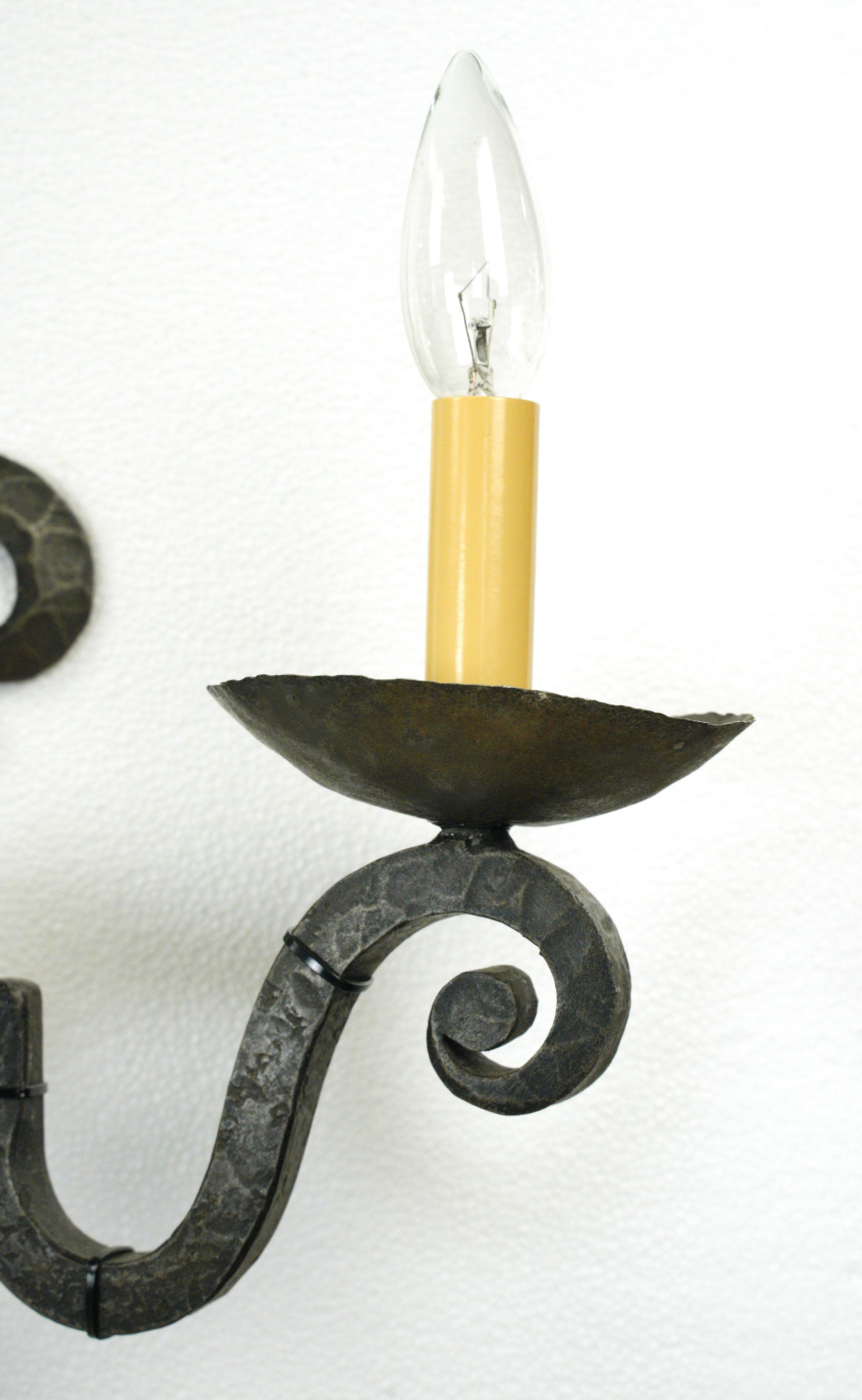 20th Century Pair French Double Arm Wrought Iron Sconces Antique European For Sale