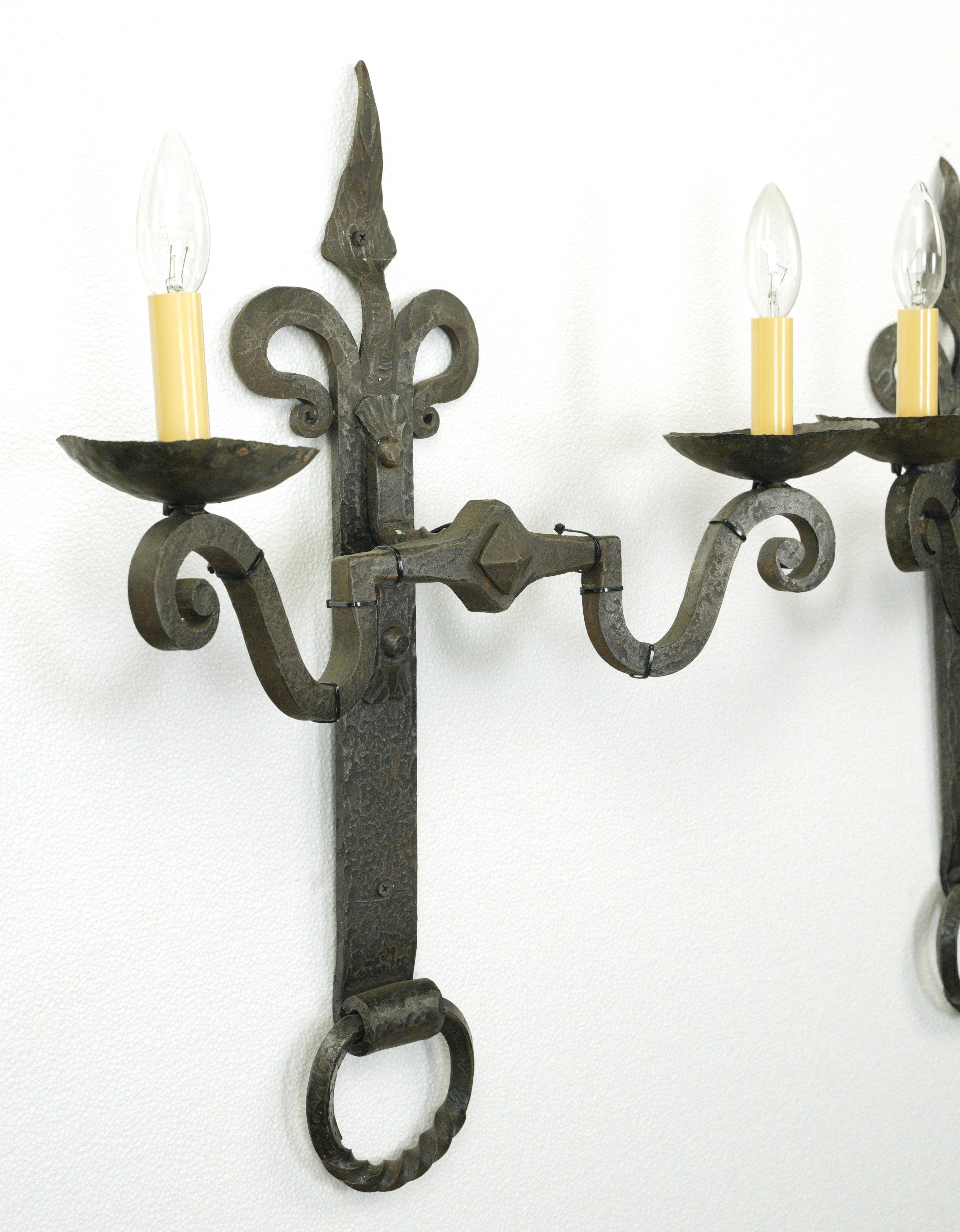 Pair French Double Arm Wrought Iron Sconces Antique European For Sale 3