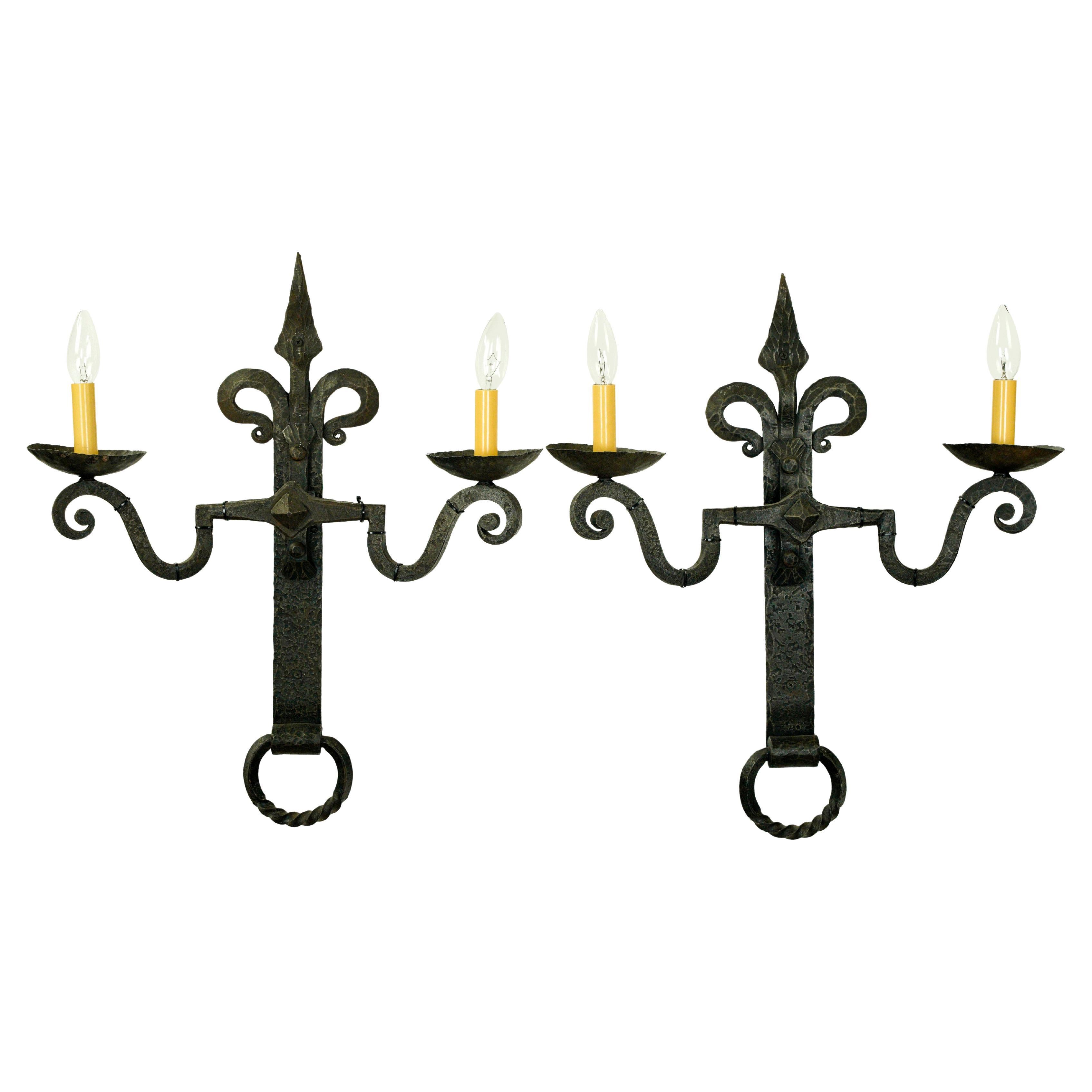 Pair French Double Arm Wrought Iron Sconces Antique European For Sale