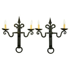Pair French Double Arm Wrought Iron Sconces Antique European