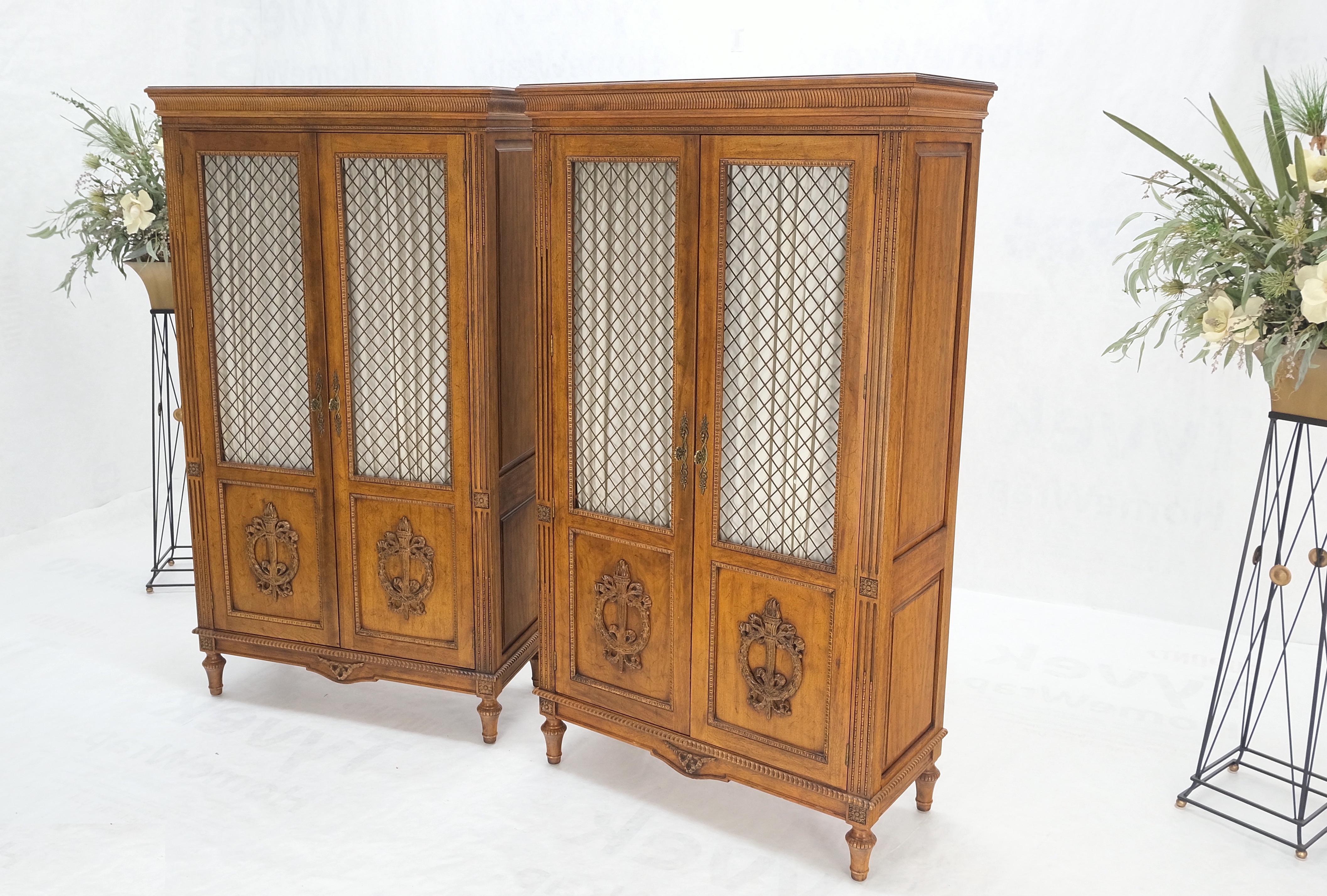 American Pair of French Double Brass Lattice Carved Doors Storage Cabinets Dressers MINT! For Sale