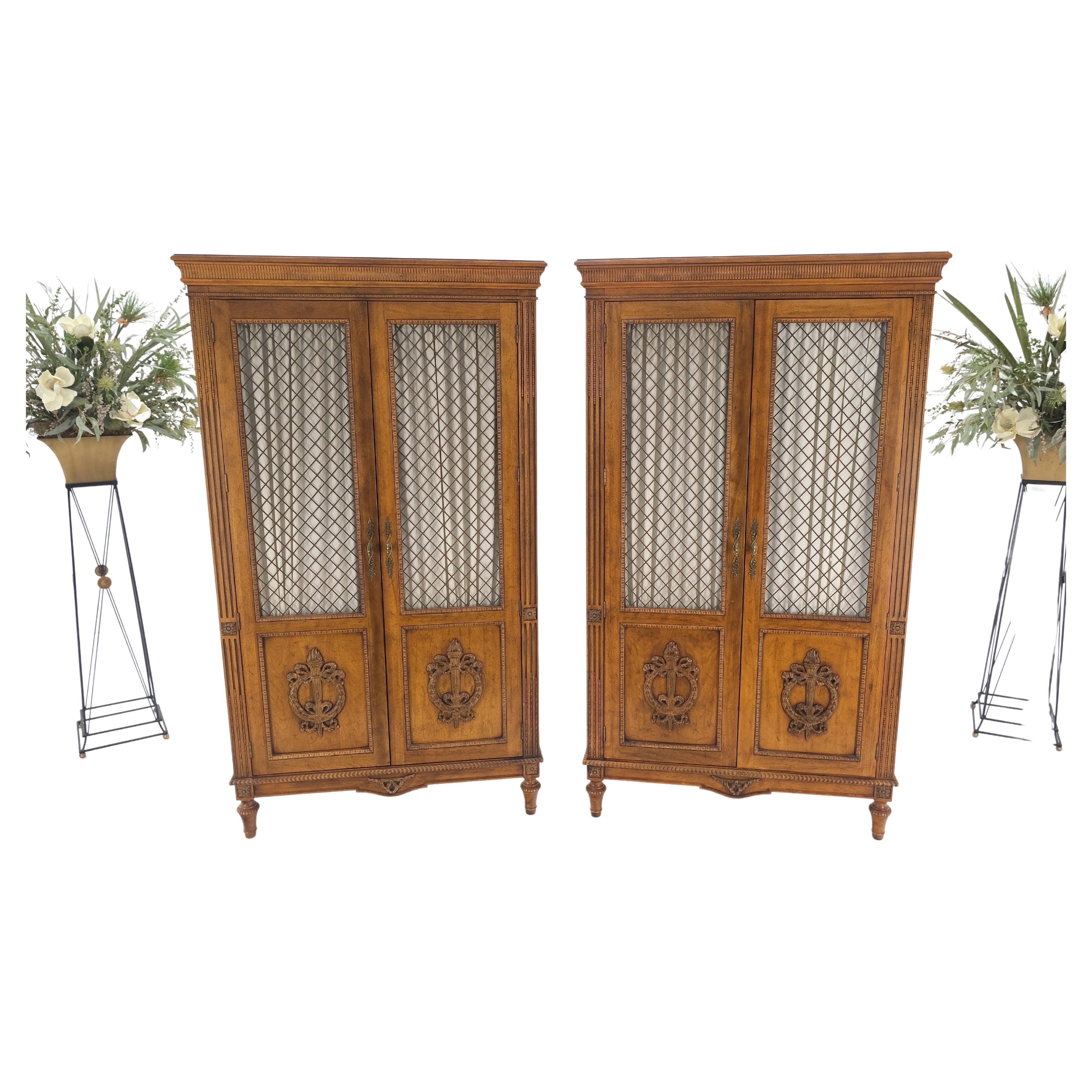 Pair of French Double Brass Lattice Carved Doors Storage Cabinets Dressers MINT! For Sale