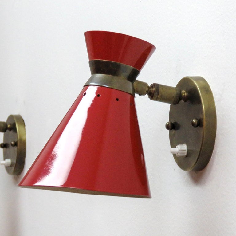 Enameled Pair of French Double Cone Wall Lights, 1950 For Sale