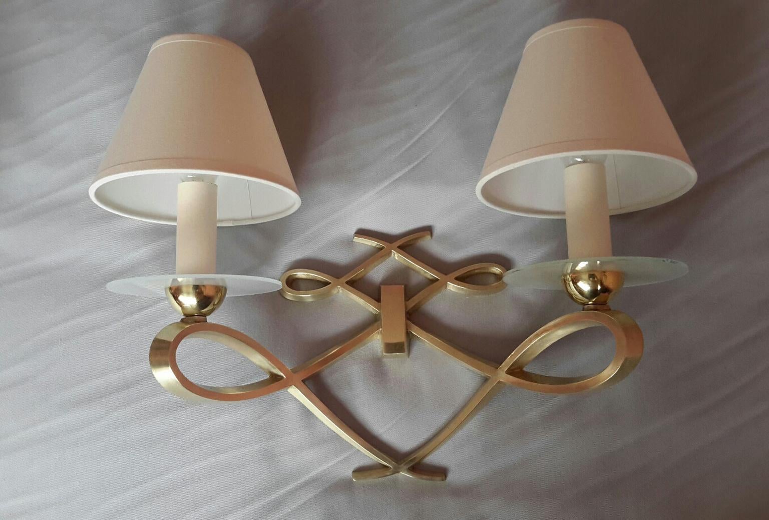 Neoclassical Pair of French Double Sconces Leleu Style by Arlus, France, 1950 For Sale