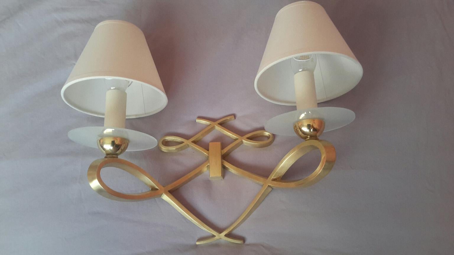 Frosted Pair of French Double Sconces Leleu Style by Arlus, France, 1950 For Sale