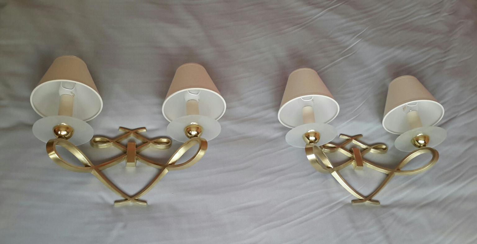 Bronze Pair of French Double Sconces Leleu Style by Arlus, France, 1950 For Sale