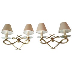 Vintage Pair of French Double Sconces Leleu Style by Arlus, France, 1950