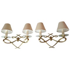 Pair of French Double Sconces Leleu Style by Arlus, France, 1950s