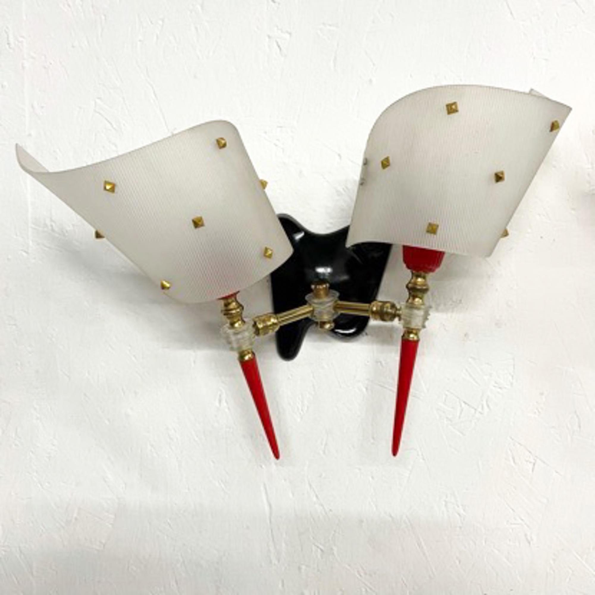 Pair of French Double Wall Sconces Guariche Era Plexiglass Plastic Shades In Good Condition For Sale In Chula Vista, CA