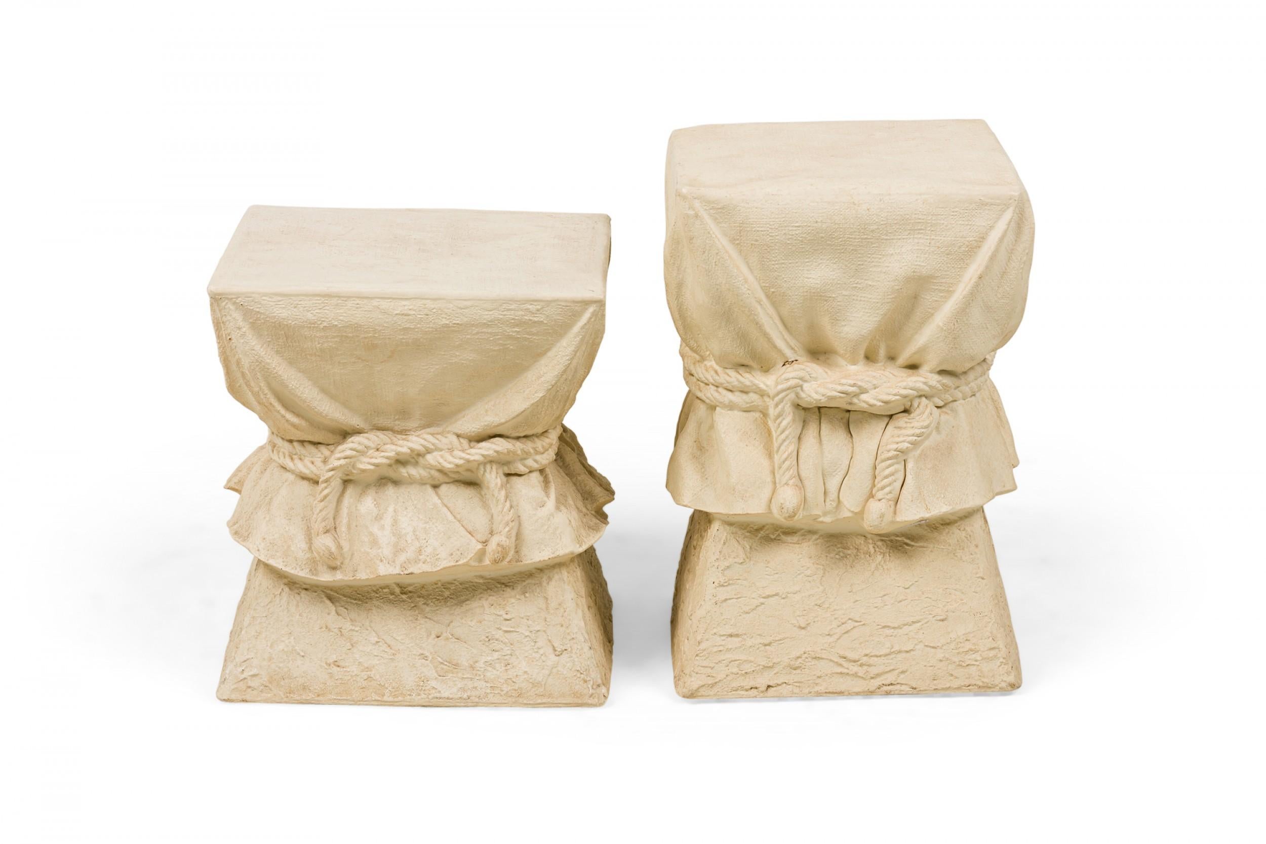 PAIR of Contemporary French (circa 1980) similar inverted pyramid form drapery and rope occasional pedestal tables made of white gesso and resin-infused burlap and jute over wood forms (manner of ALBERTO PINTO).
 