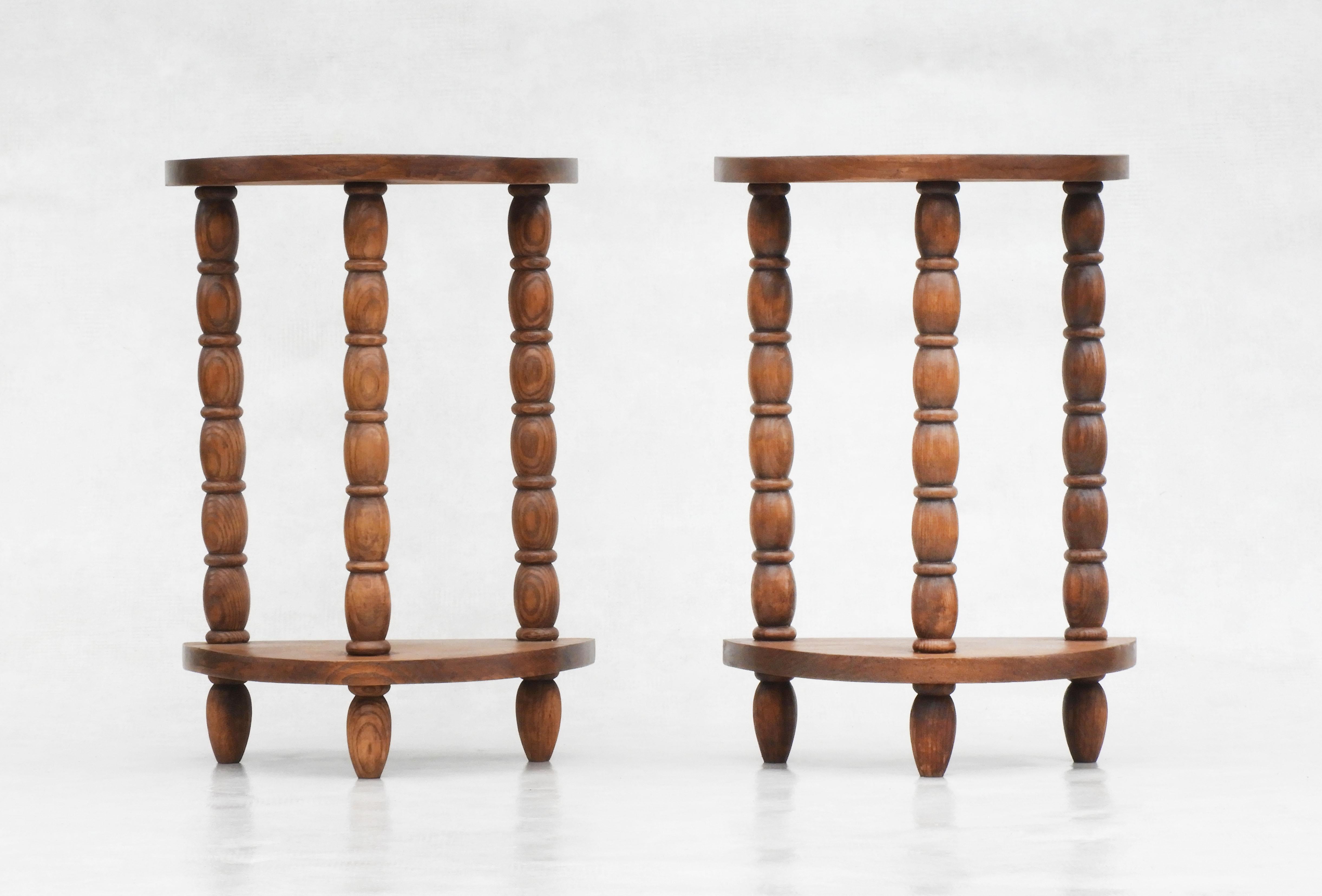 Pair of French Dudouyt Style Demi Lune Oak Sofa End Tables or Night Stands c1940 1