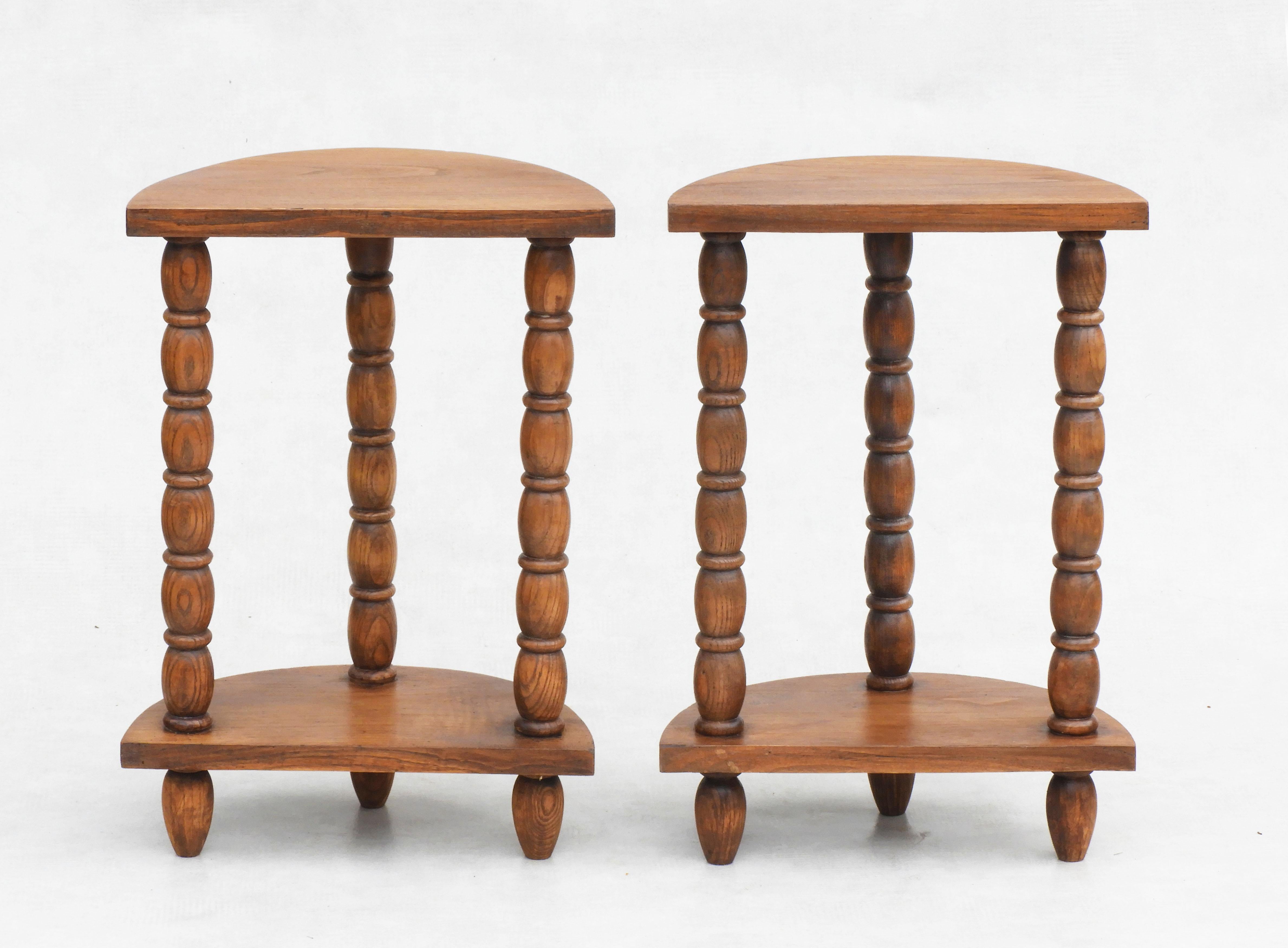 Pair of French Dudouyt Style Demi Lune Oak Sofa End Tables or Night Stands c1940 3