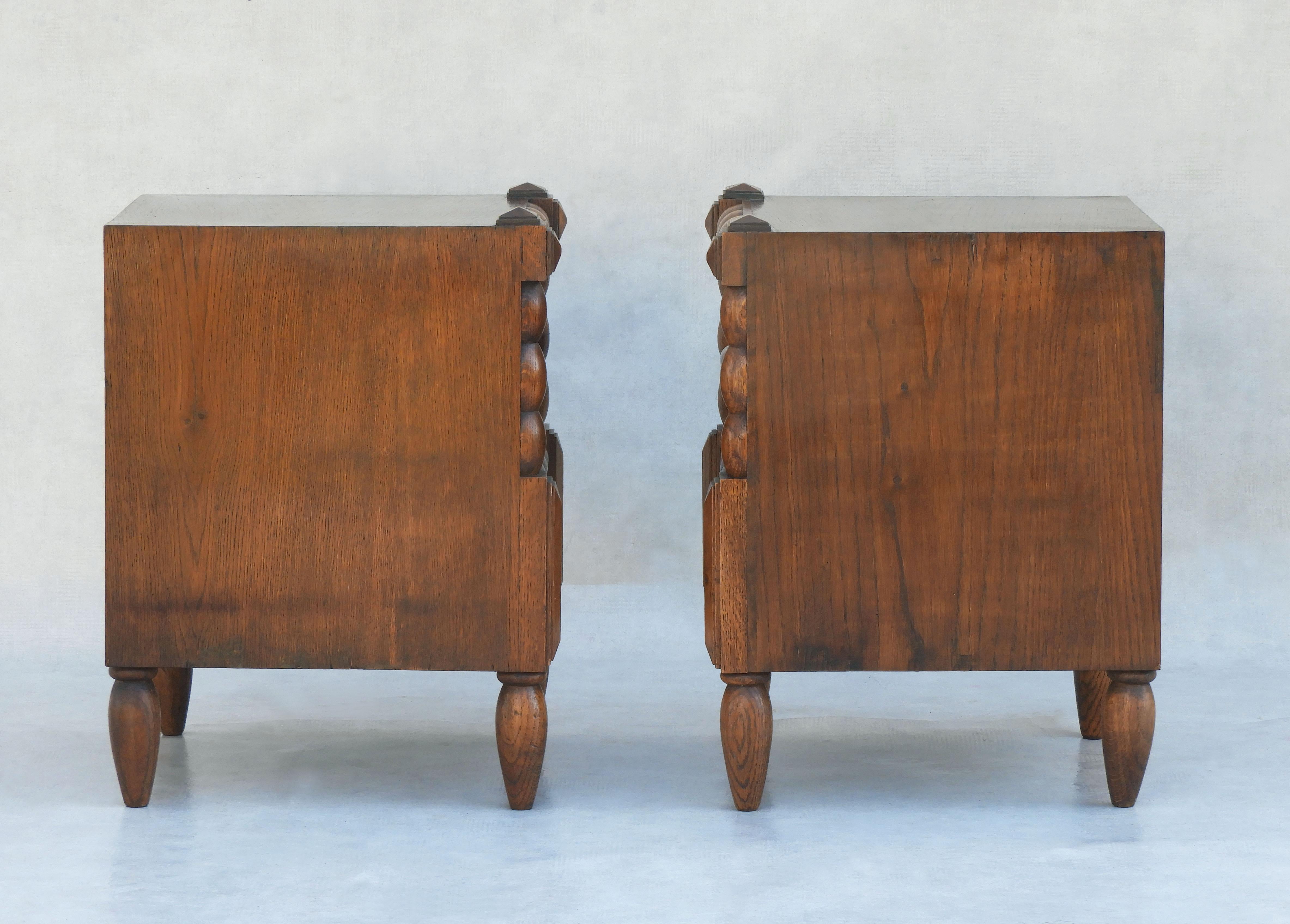 Pair of French Dudouyt Style Oak Bobbin Wood Single Drawer Night Stands c1940 5