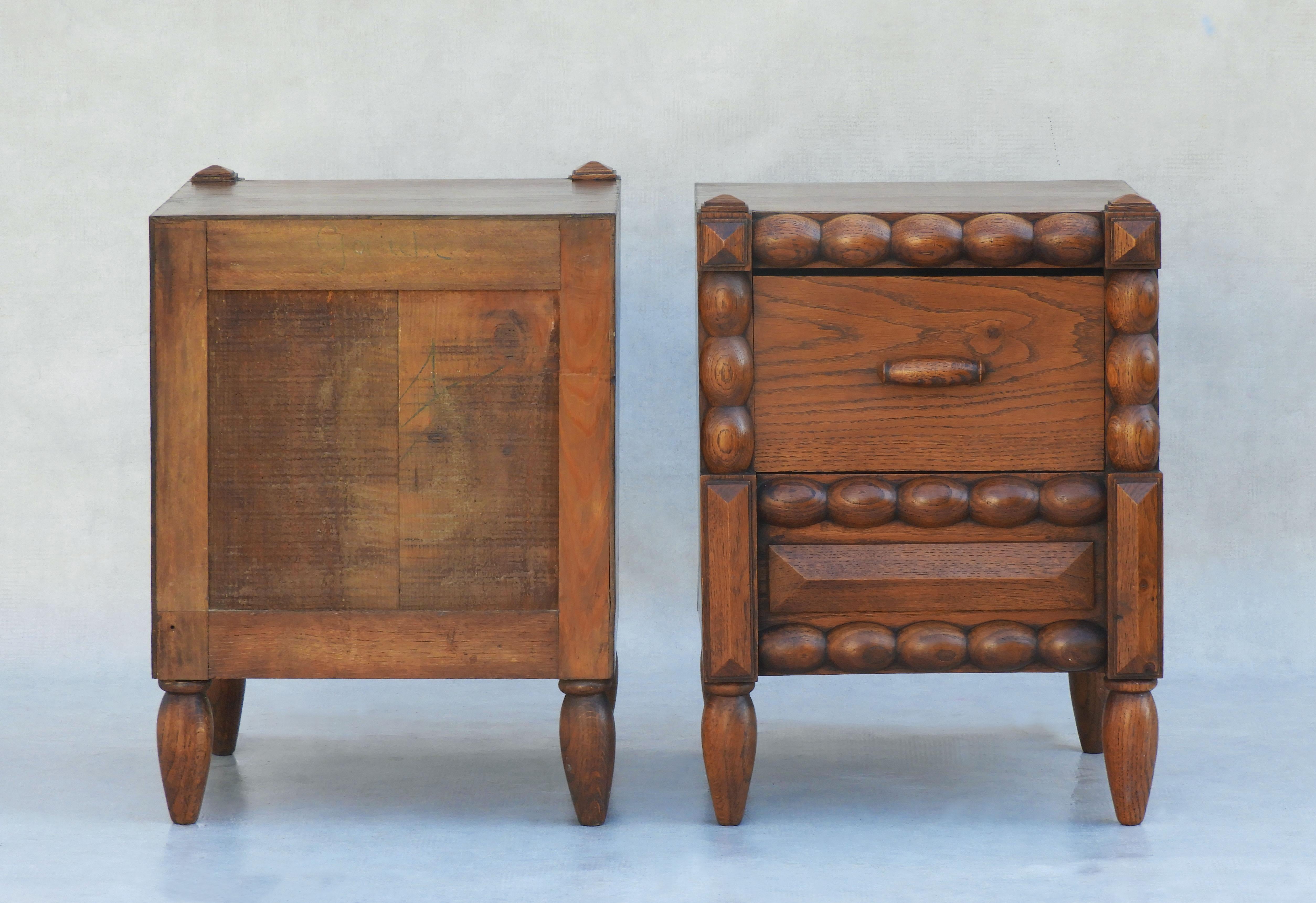 Pair of French Dudouyt Style Oak Bobbin Wood Single Drawer Night Stands c1940 6