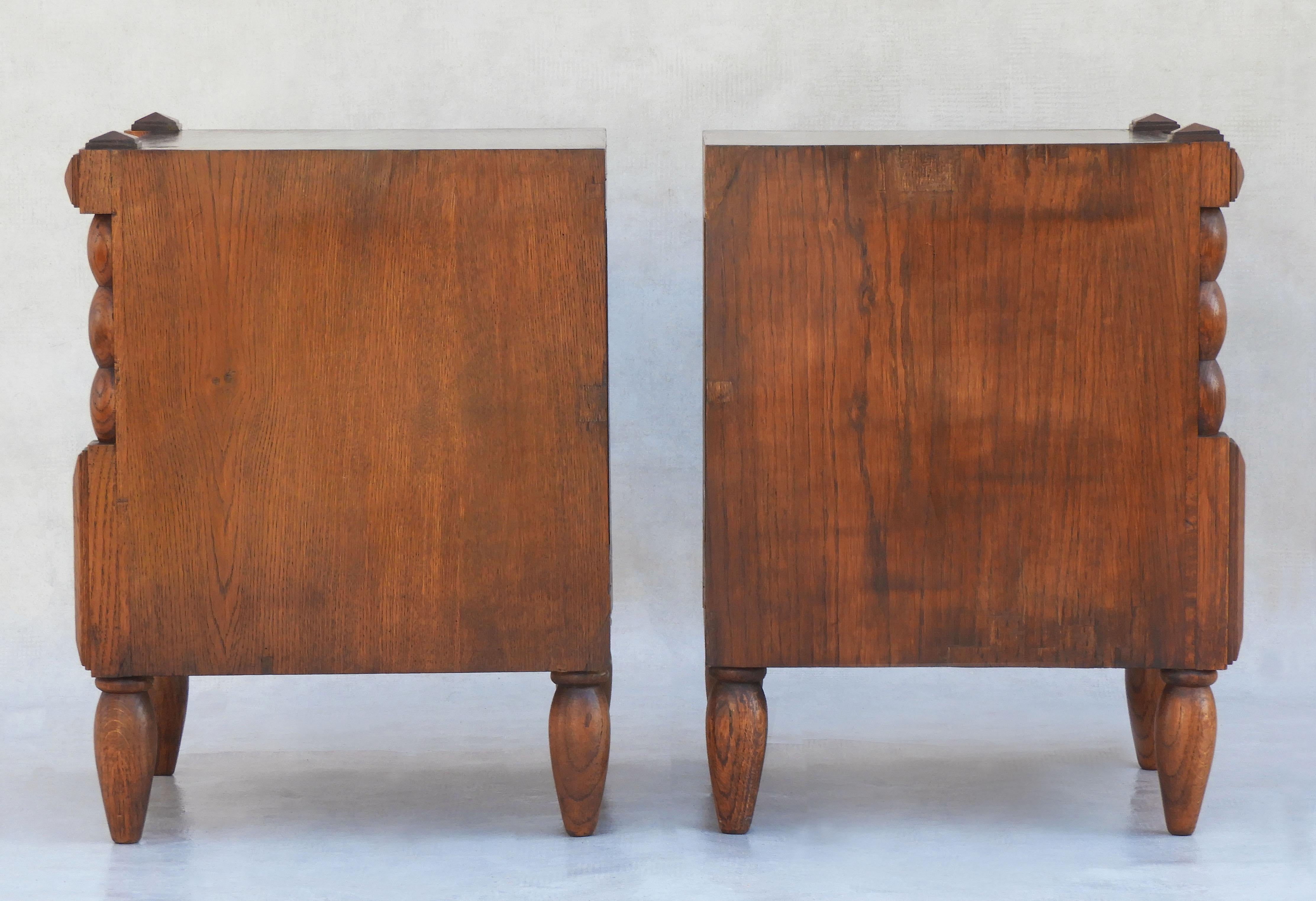Pair of French Dudouyt Style Oak Bobbin Wood Single Drawer Night Stands c1940 7
