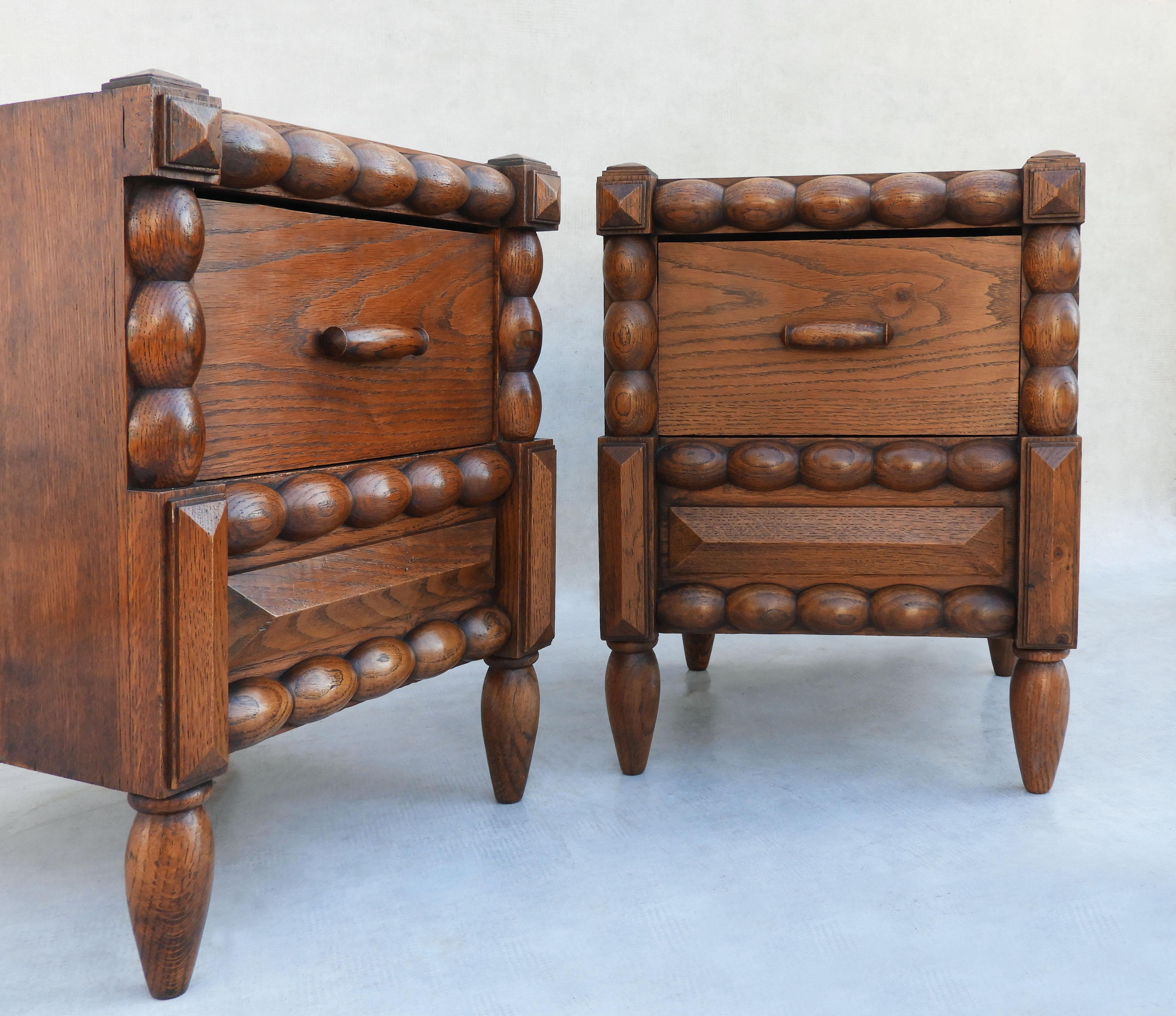 20th Century Pair of French Dudouyt Style Oak Bobbin Wood Single Drawer Night Stands c1940
