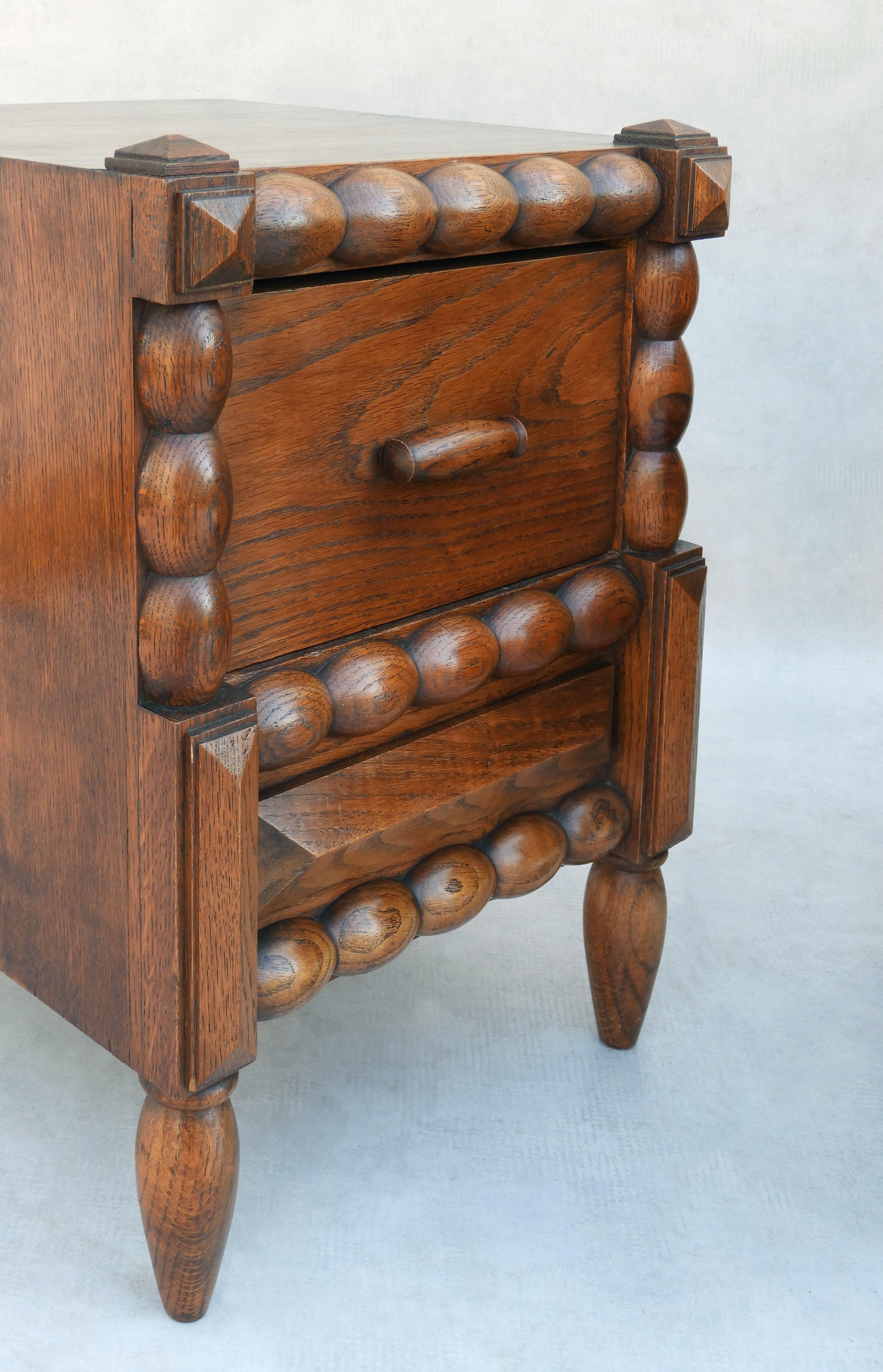 Pair of French Dudouyt Style Oak Bobbin Wood Single Drawer Night Stands c1940 1