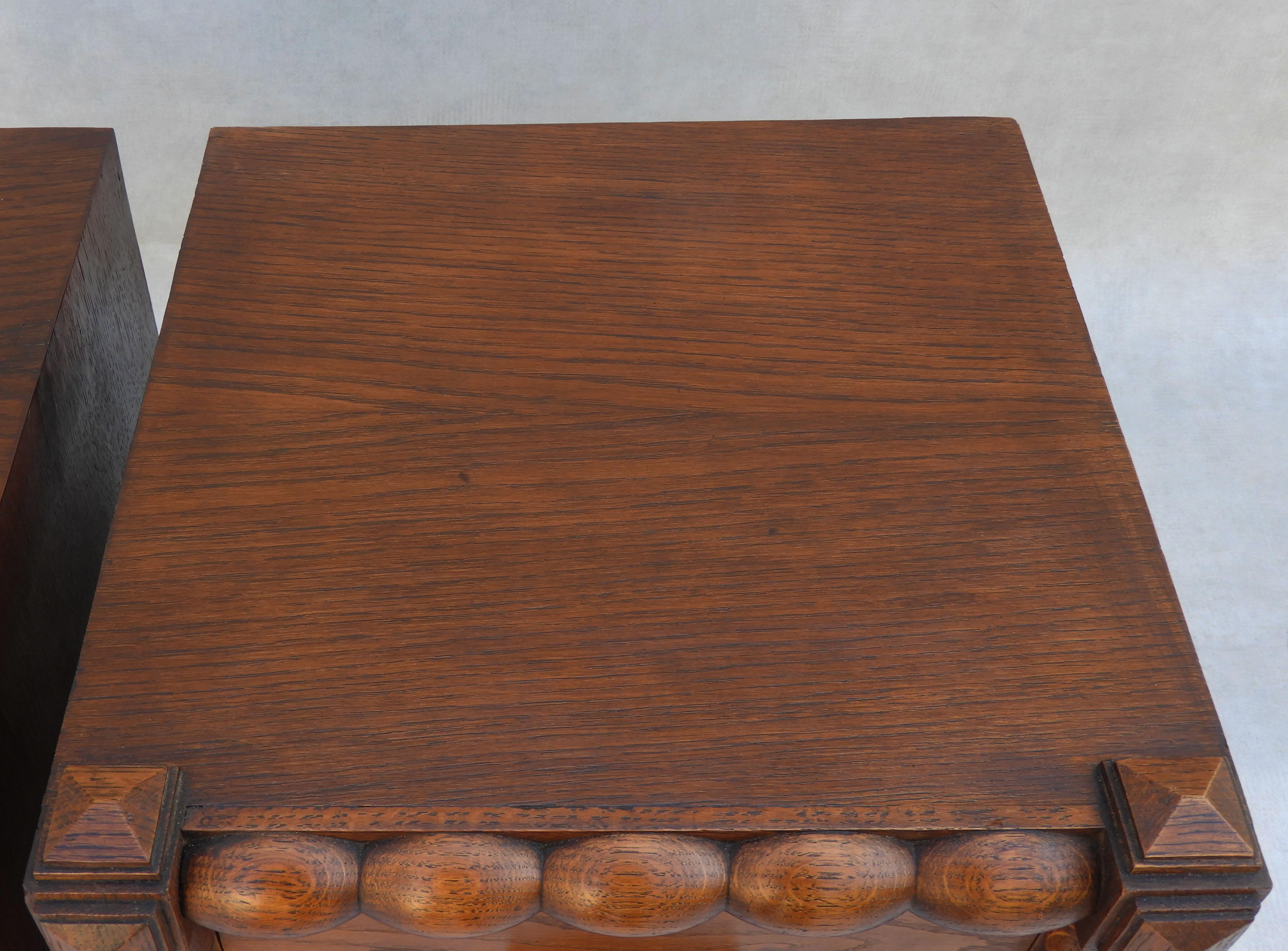 Pair of French Dudouyt Style Oak Bobbin Wood Single Drawer Night Stands c1940 4