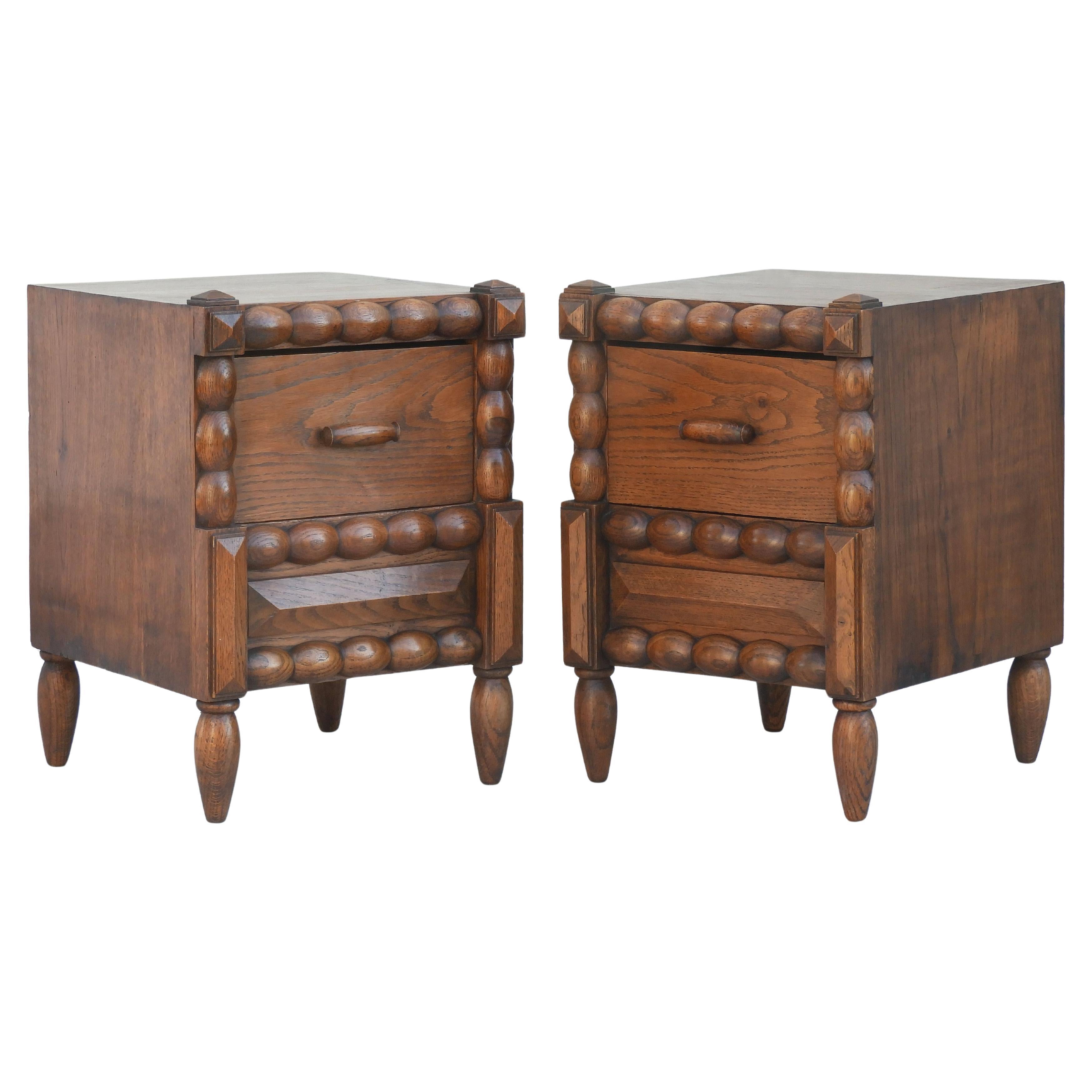 Turned Pair of French Dudouyt Style Oak Bobbin Wood Single Drawer Night Stands c1940