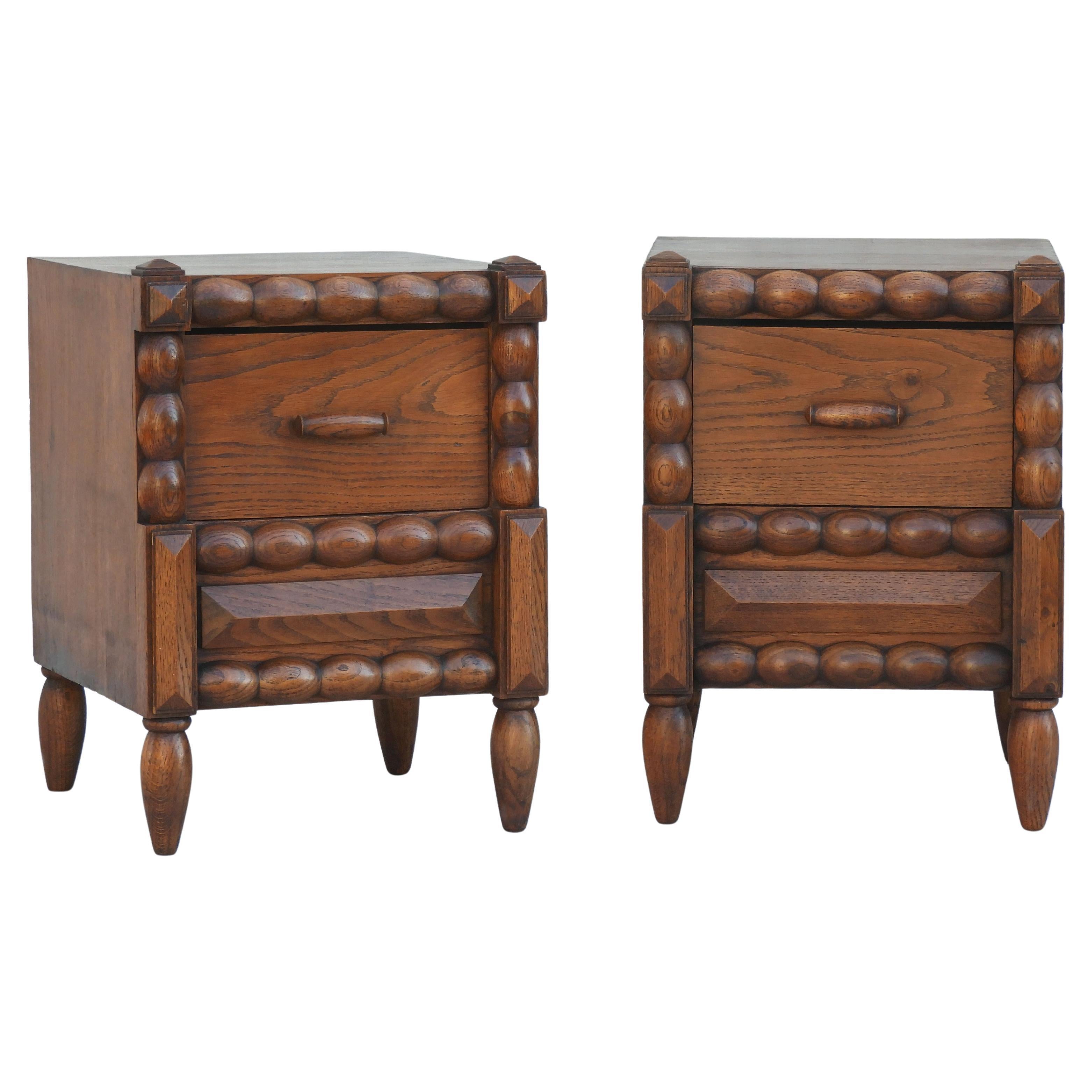 Pair of French Dudouyt Style Oak Bobbin Wood Single Drawer Night Stands c1940