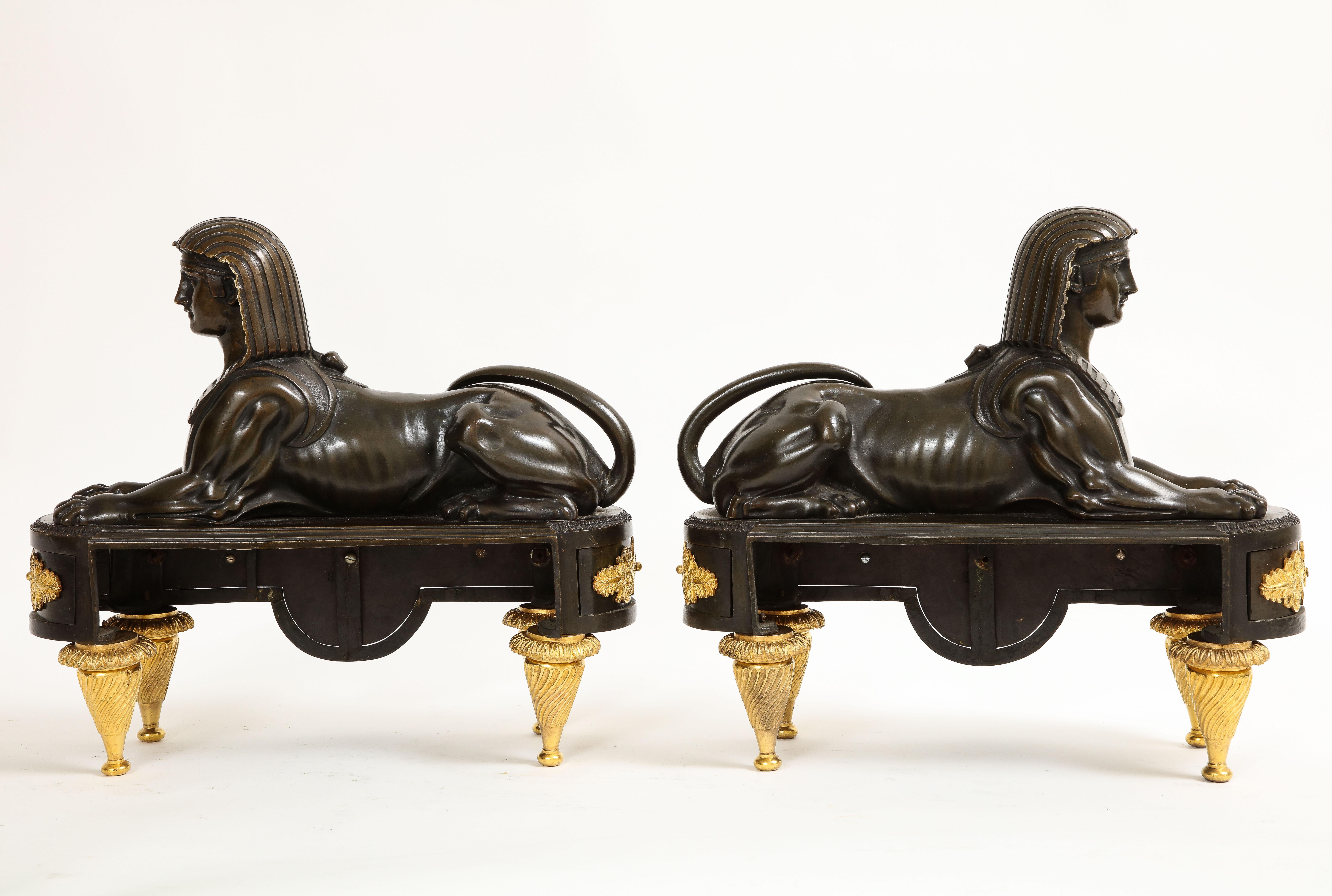 Pair of French Early 19th C. Patinated and Dore Bronze Egyptian Revival Chenets For Sale 4