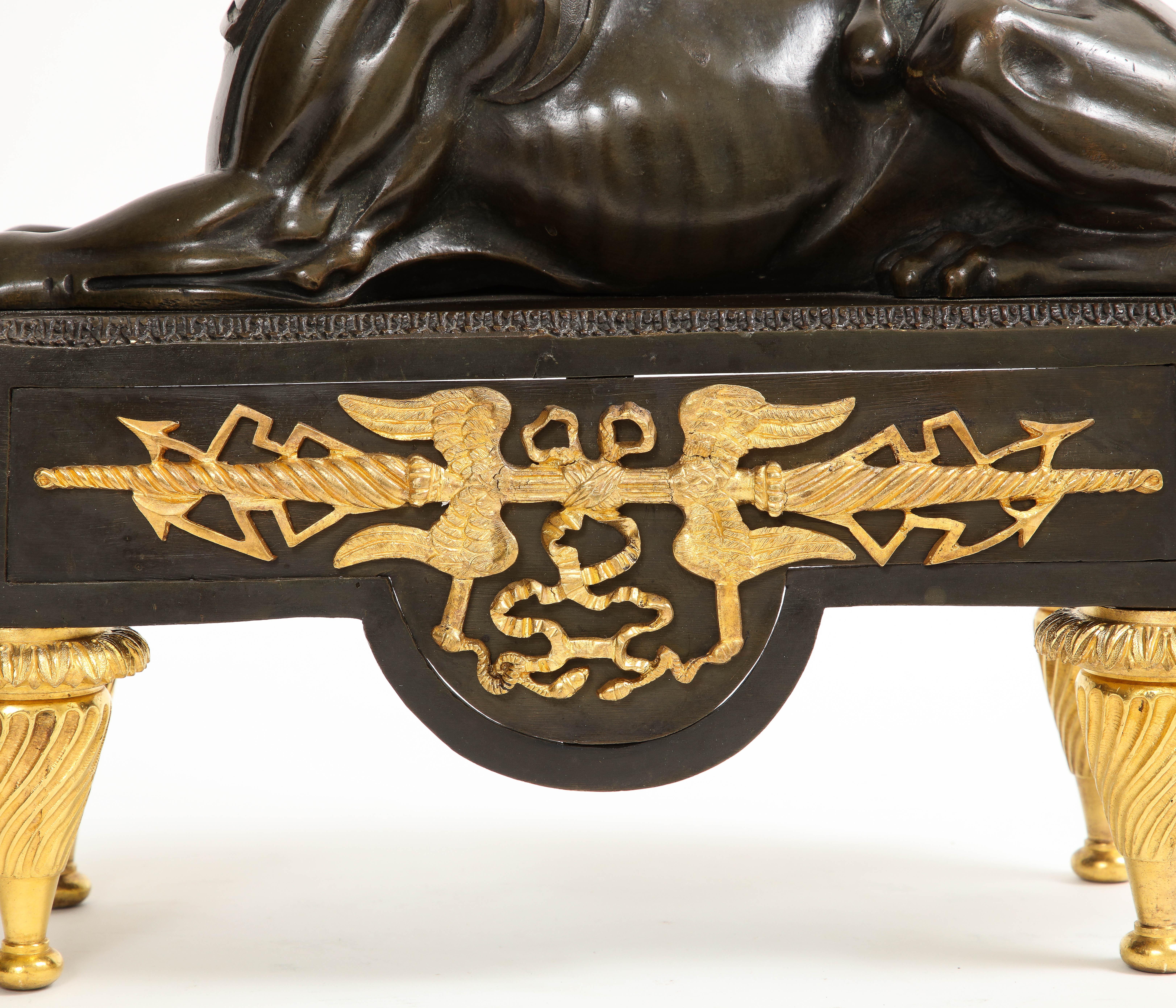 Pair of French Early 19th C. Patinated and Dore Bronze Egyptian Revival Chenets For Sale 5