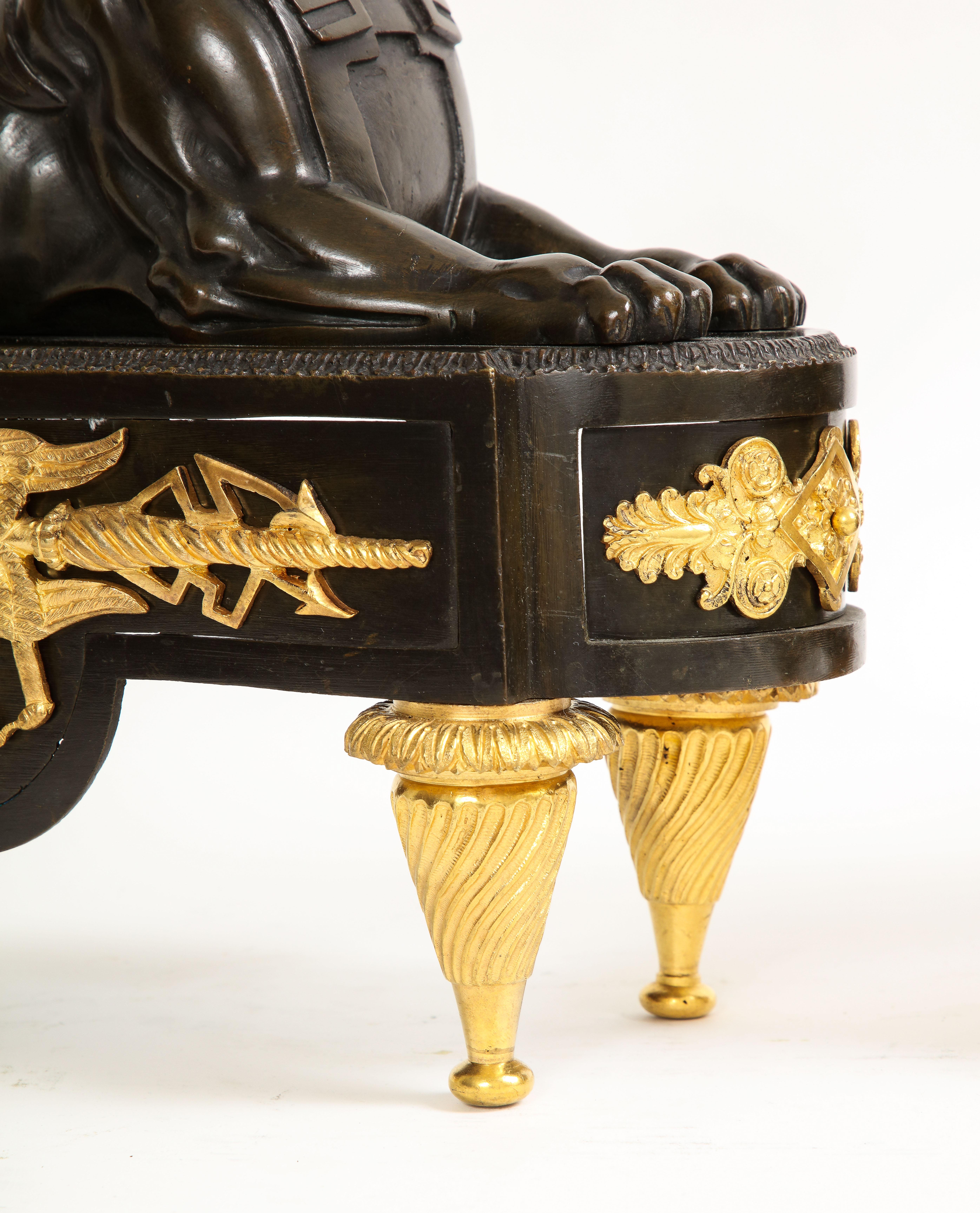 Pair of French Early 19th C. Patinated and Dore Bronze Egyptian Revival Chenets For Sale 8