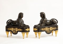 Pair of French Early 19th C. Patinated and Dore Bronze Egyptian Revival Chenets