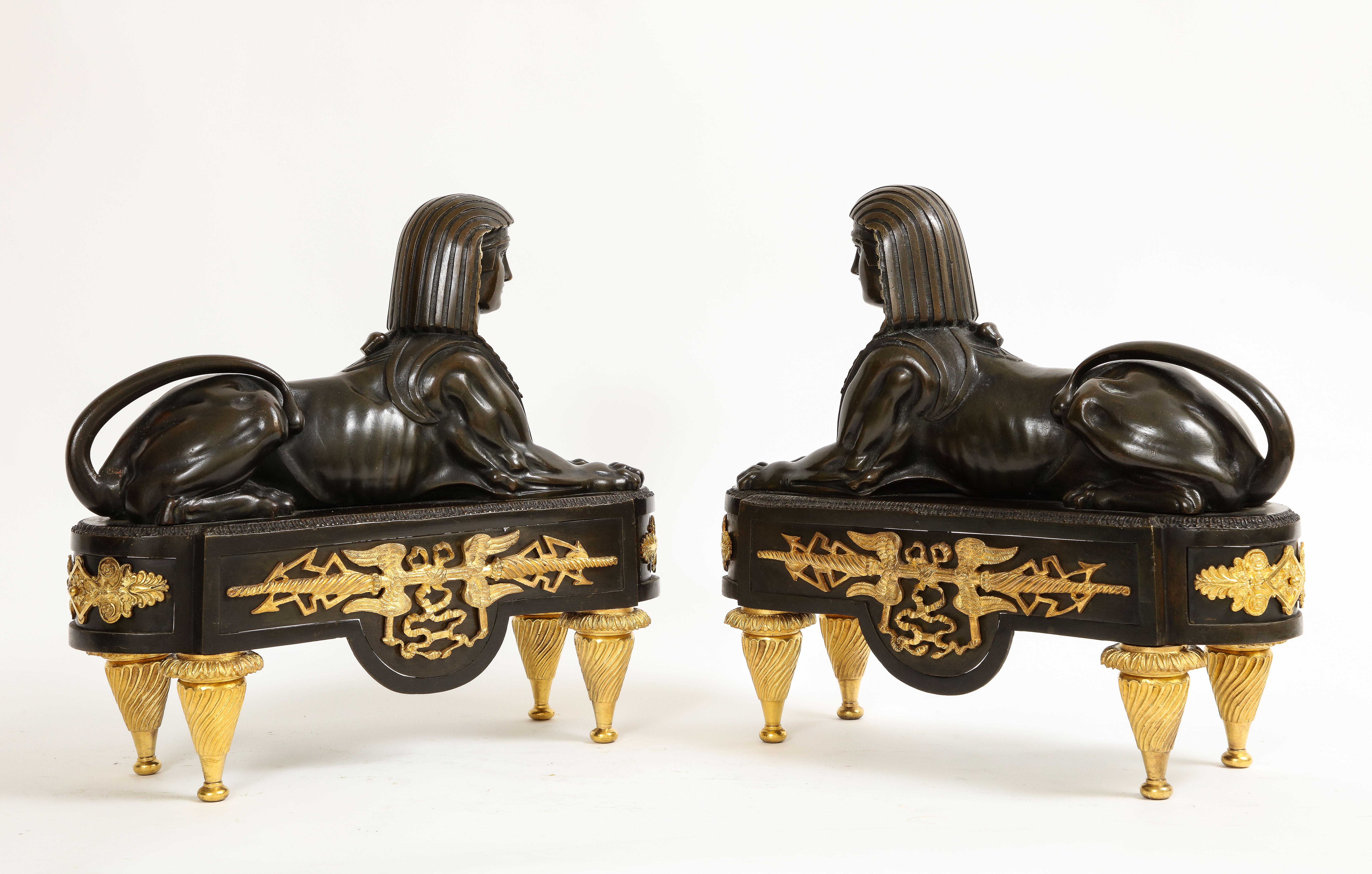 Empire Pair of French Early 19th C. Patinated and Dore Bronze Egyptian Revival Chenets For Sale