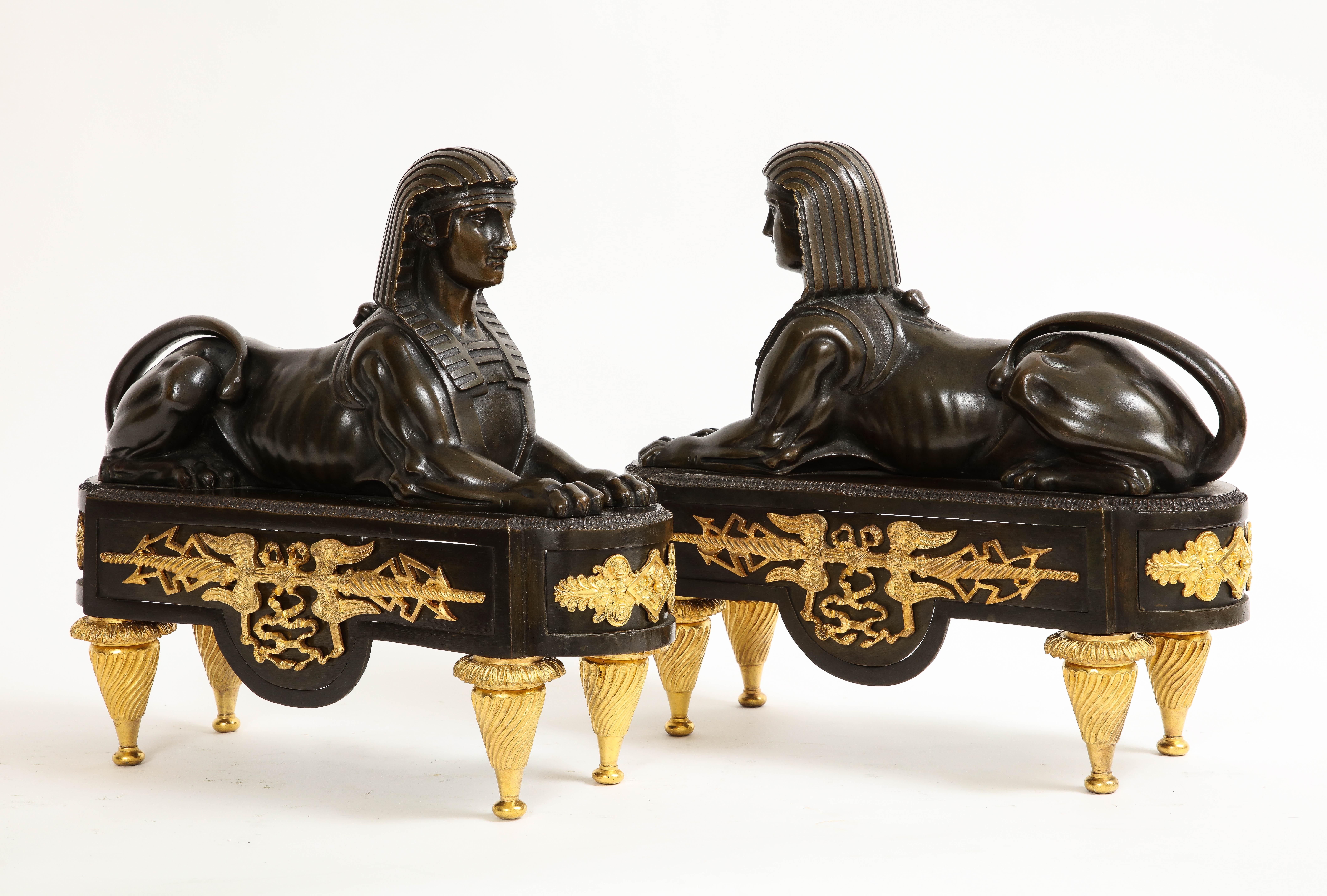 Gilt Pair of French Early 19th C. Patinated and Dore Bronze Egyptian Revival Chenets For Sale