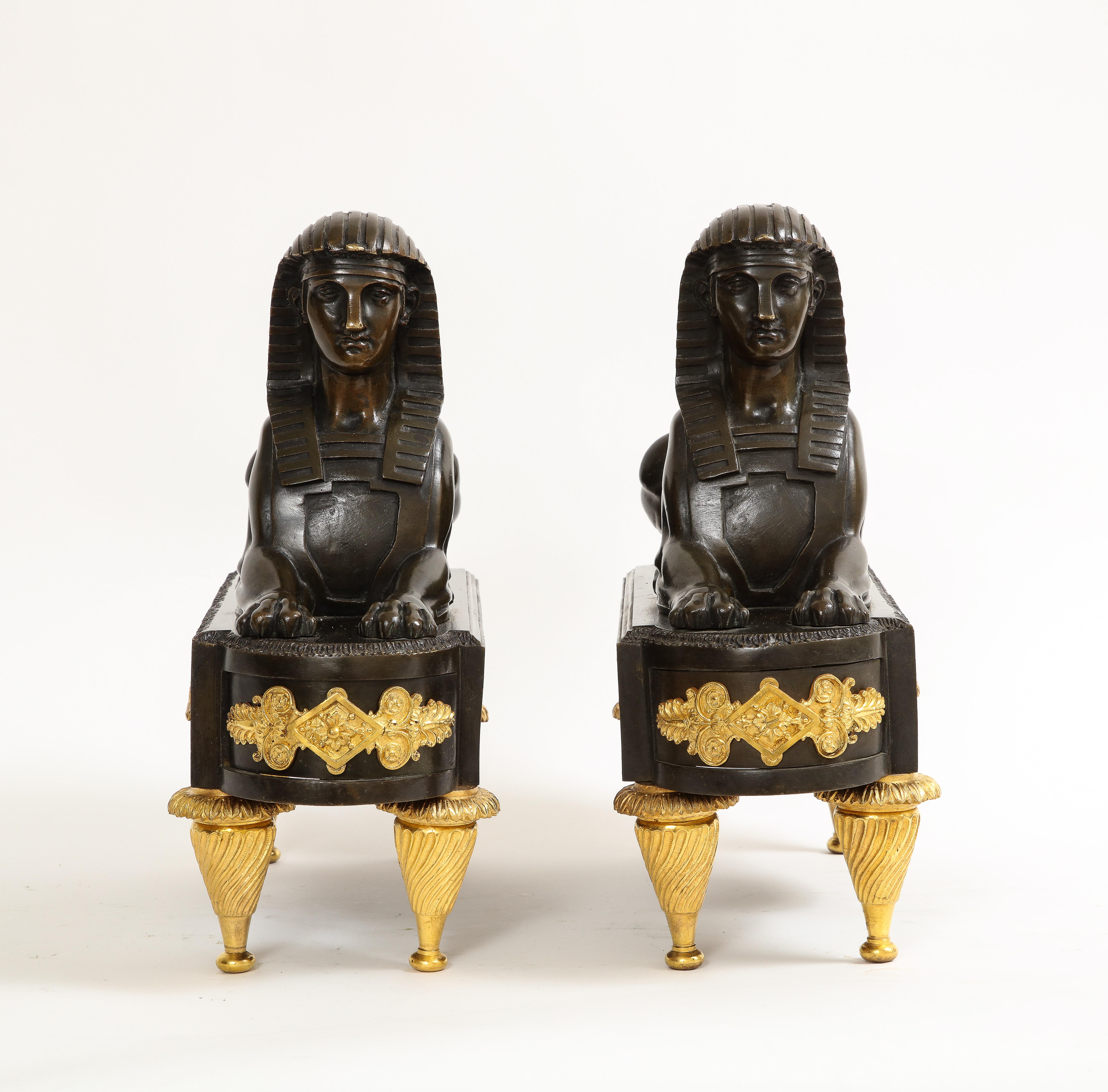 Pair of French Early 19th C. Patinated and Dore Bronze Egyptian Revival Chenets For Sale 2