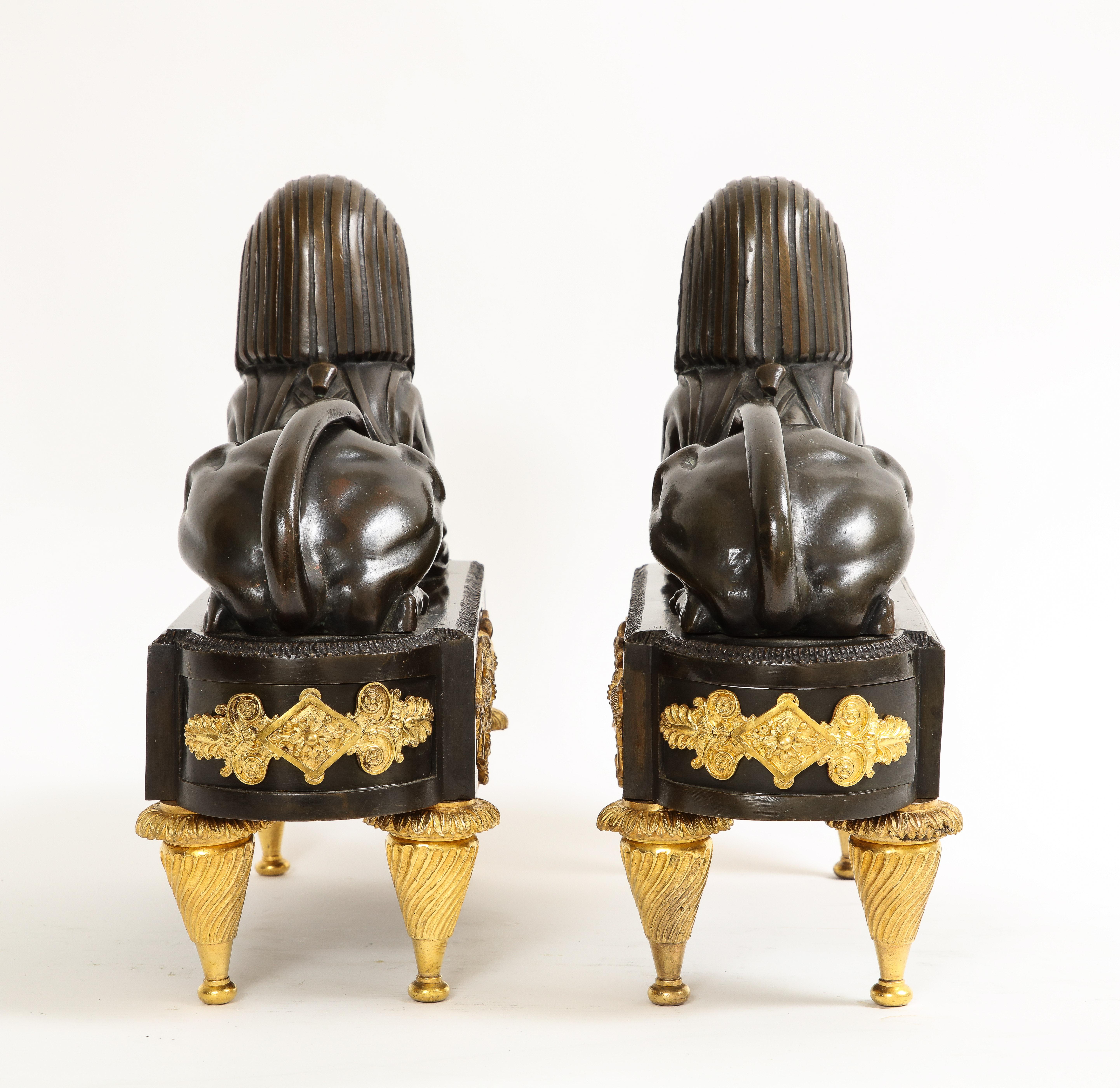 Pair of French Early 19th C. Patinated and Dore Bronze Egyptian Revival Chenets For Sale 3