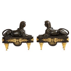 Pair of French Early 19th C. Patinated and Dore Bronze Egyptian Revival Chenets