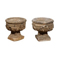 Pair of French Early 19th Century Carved Stone Jardinières with Foliage Motifs